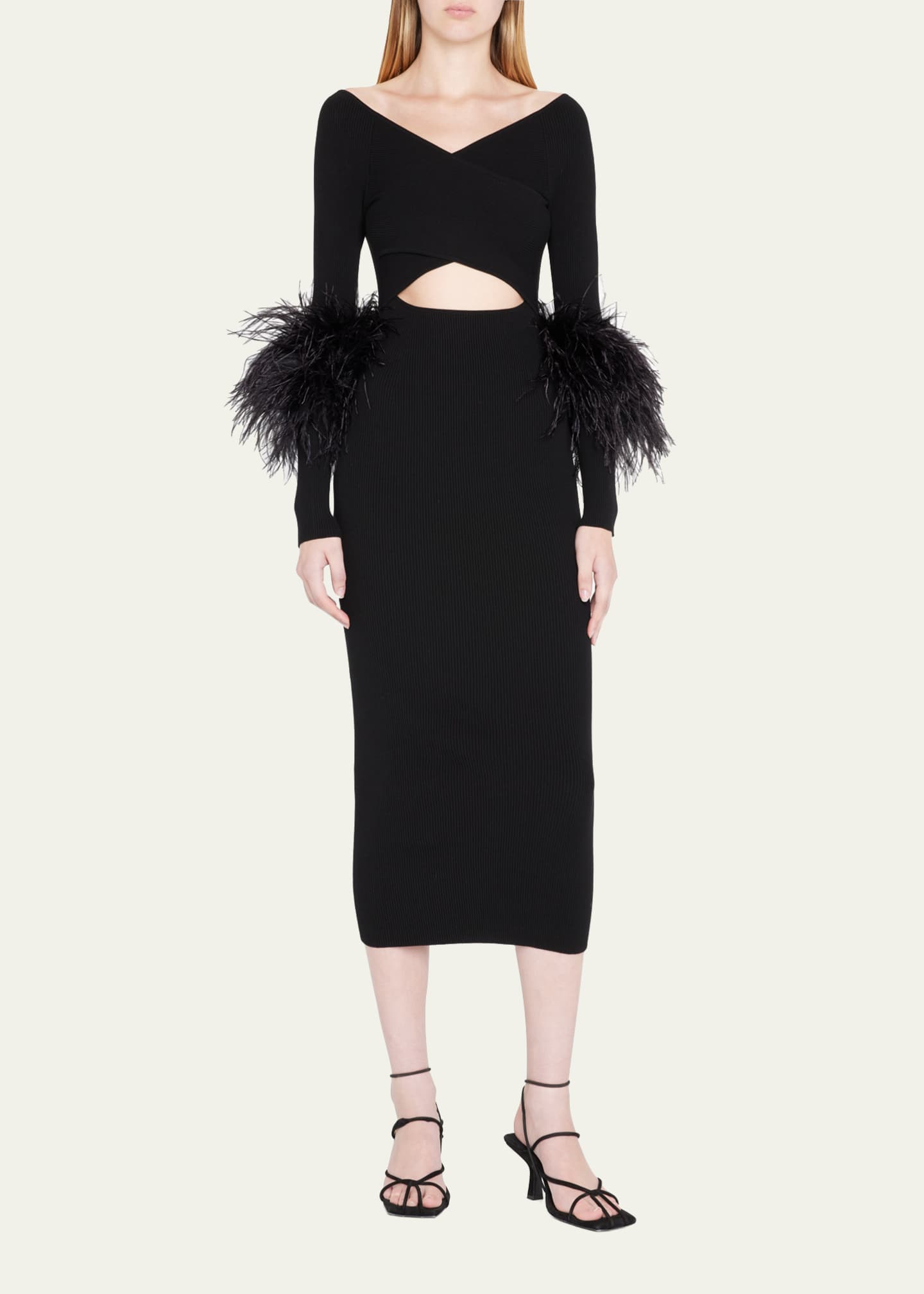 LAPOINTE Criss-Cross Cutout Midi Dress w/ Feather Trim Image 2 of 5