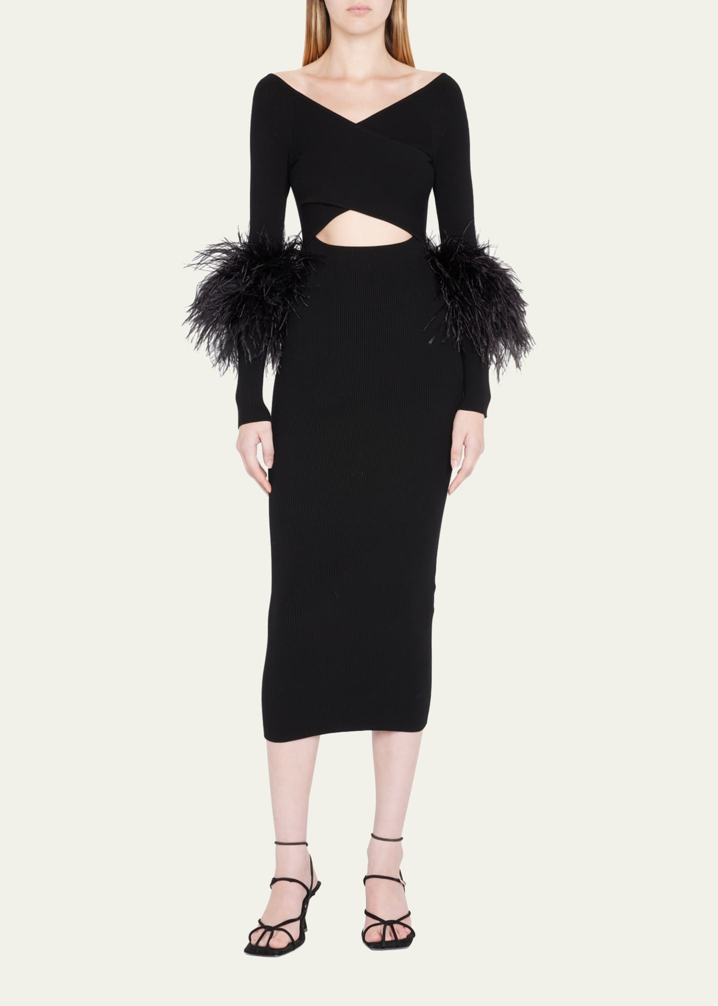 LAPOINTE Criss-Cross Cutout Midi Dress w/ Feather Trim Image 4 of 5