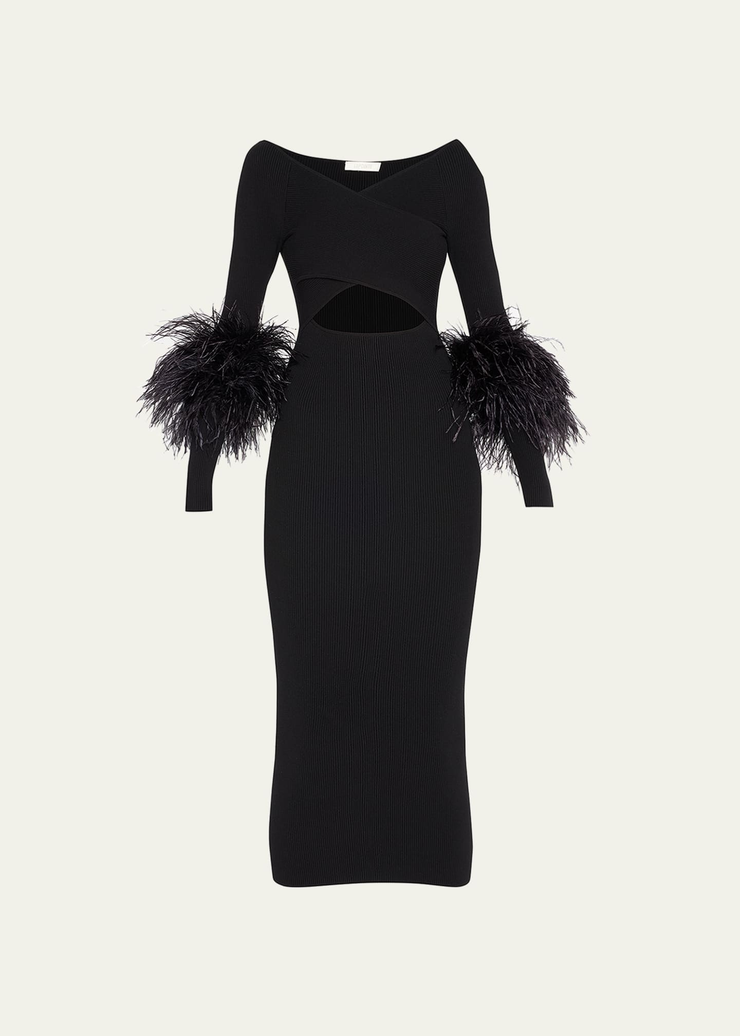 LAPOINTE Criss-Cross Cutout Midi Dress w/ Feather Trim Image 1 of 5