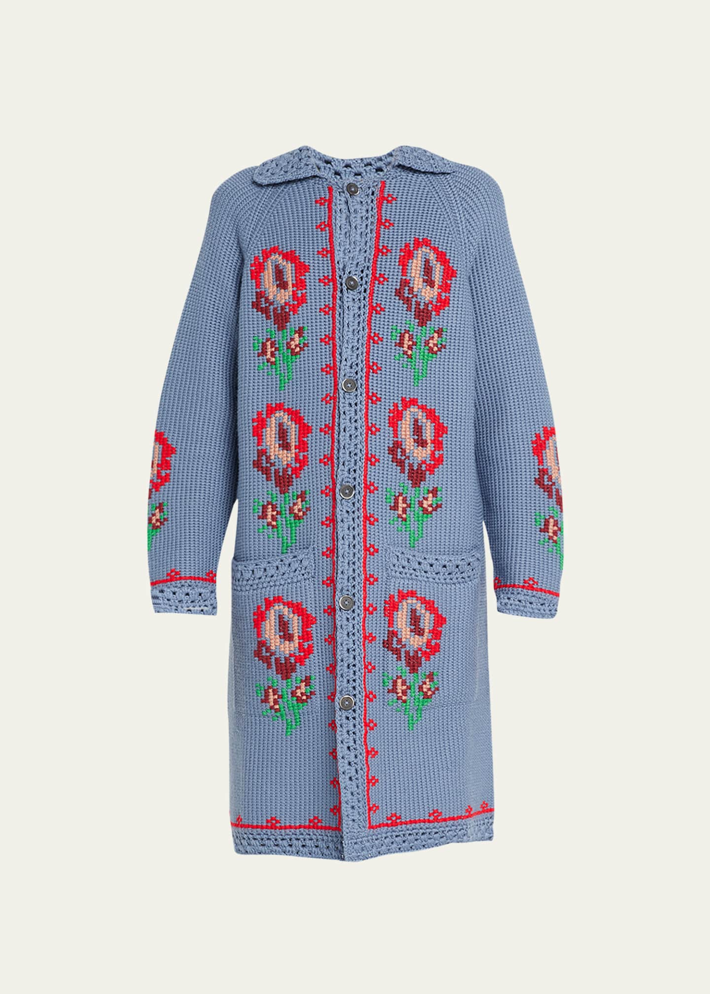 Bode Fluer Cross-Stitch Cardigan with Intarsia Detail - Bergdorf