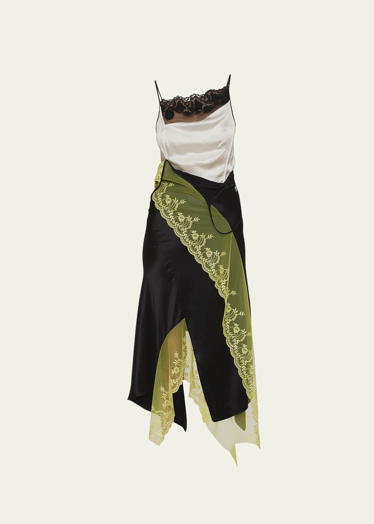 MERYLL ROGGE Bicolor Handkerchief Silk Slip Dress with Floral Lace