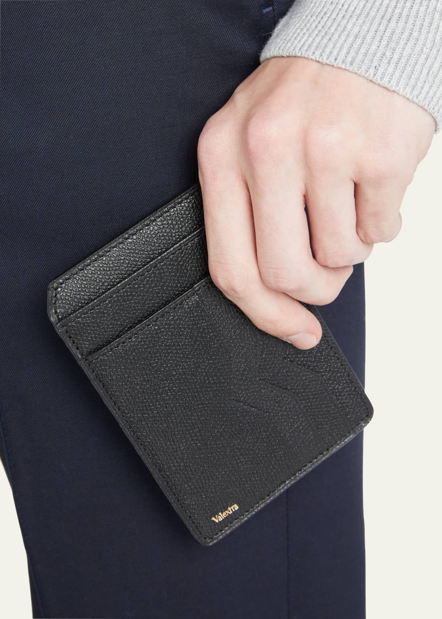 Valextra Men's V-Cut Compact Pebble Leather Card Holder