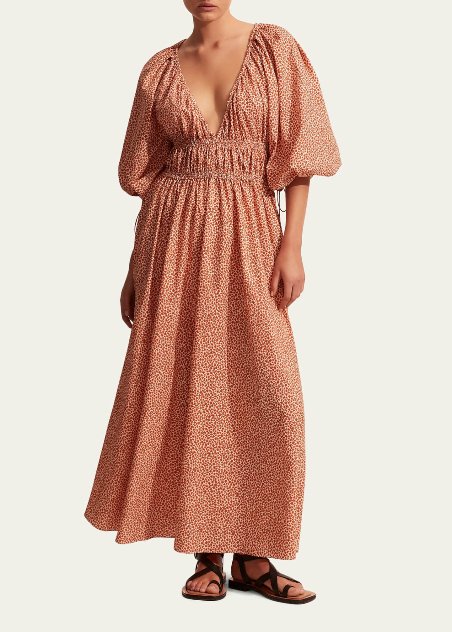 Matteau Shirred Plunge PuffSleeve Maxi Dress Bergdorf Goodman