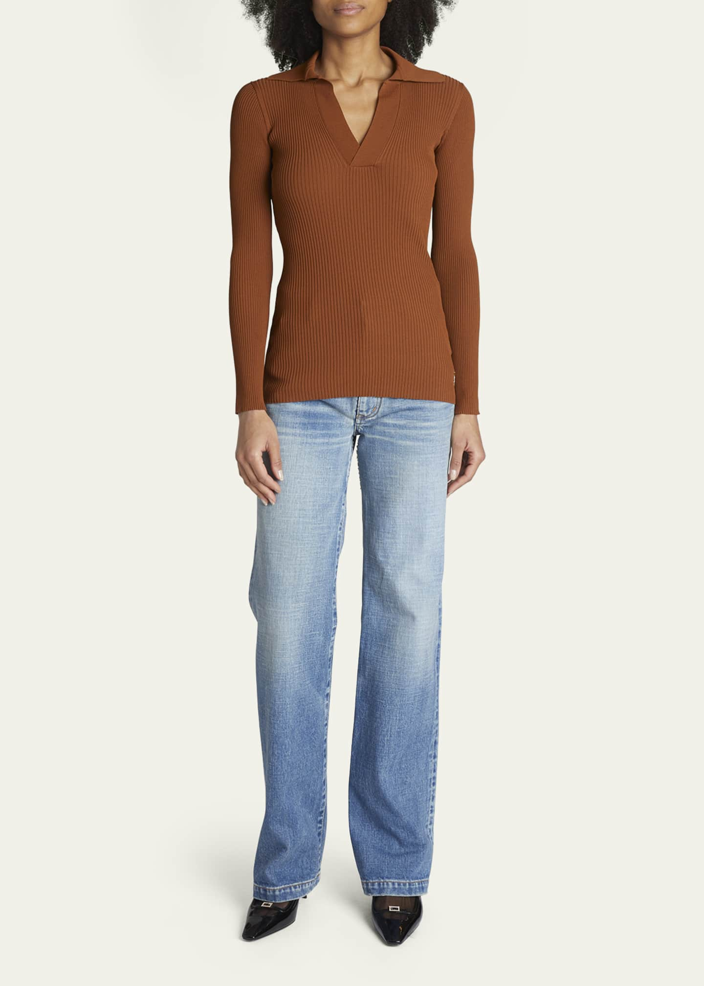 Saint Laurent Ribbed Polo Undershirt Sweater - Bergdorf Goodman