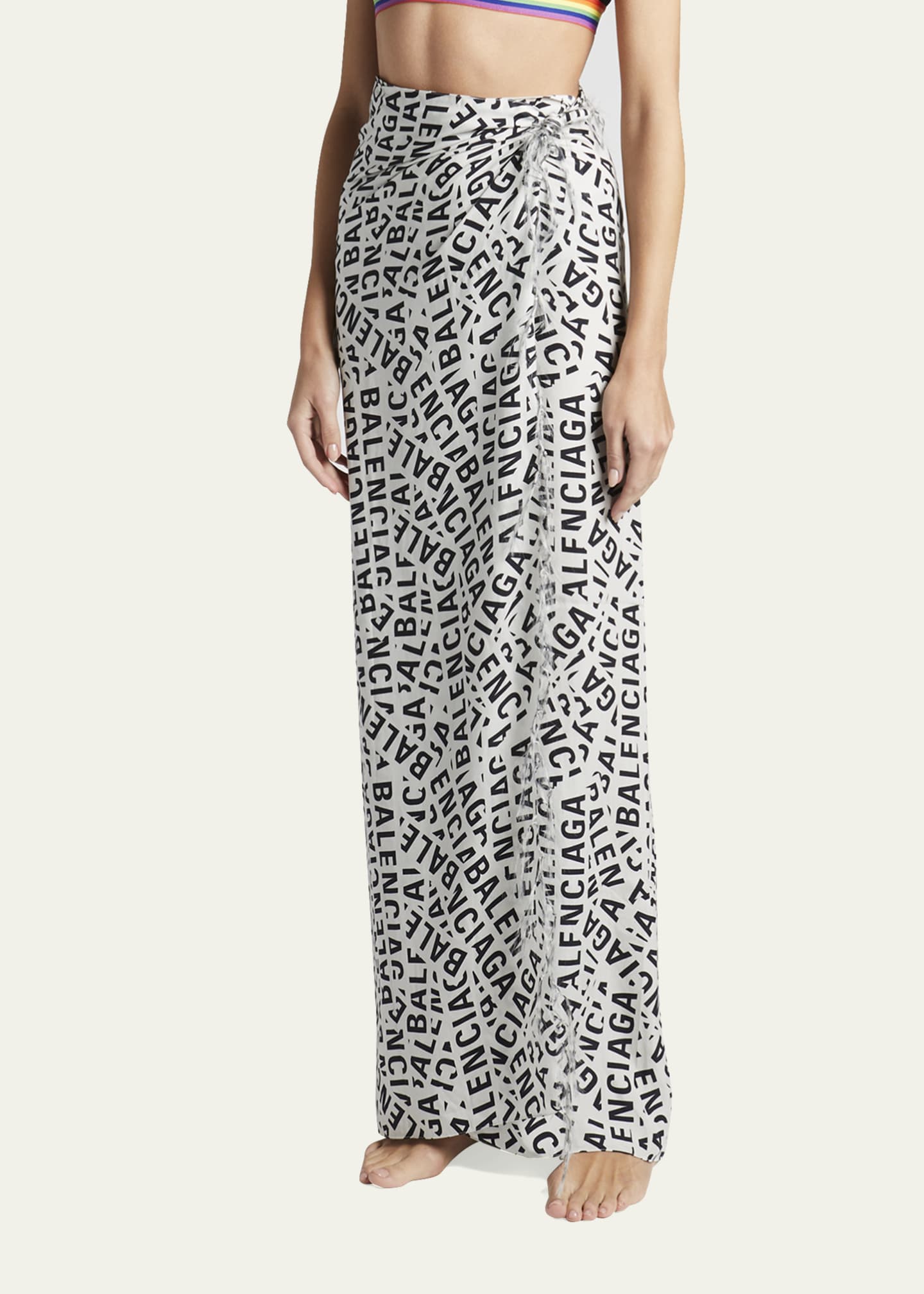 Balenciaga Pareo Logo Strip-Print Silk Maxi Wrap Skirt - Bergdorf Goodman