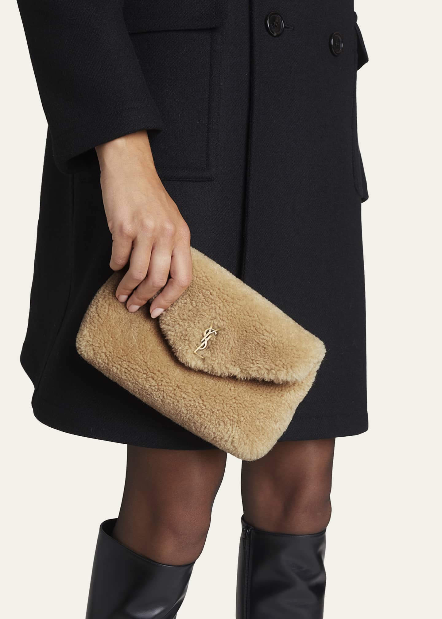 Saint Laurent Puffer Small Ysl Shearling Pouch Clutch Bag Natural Beige