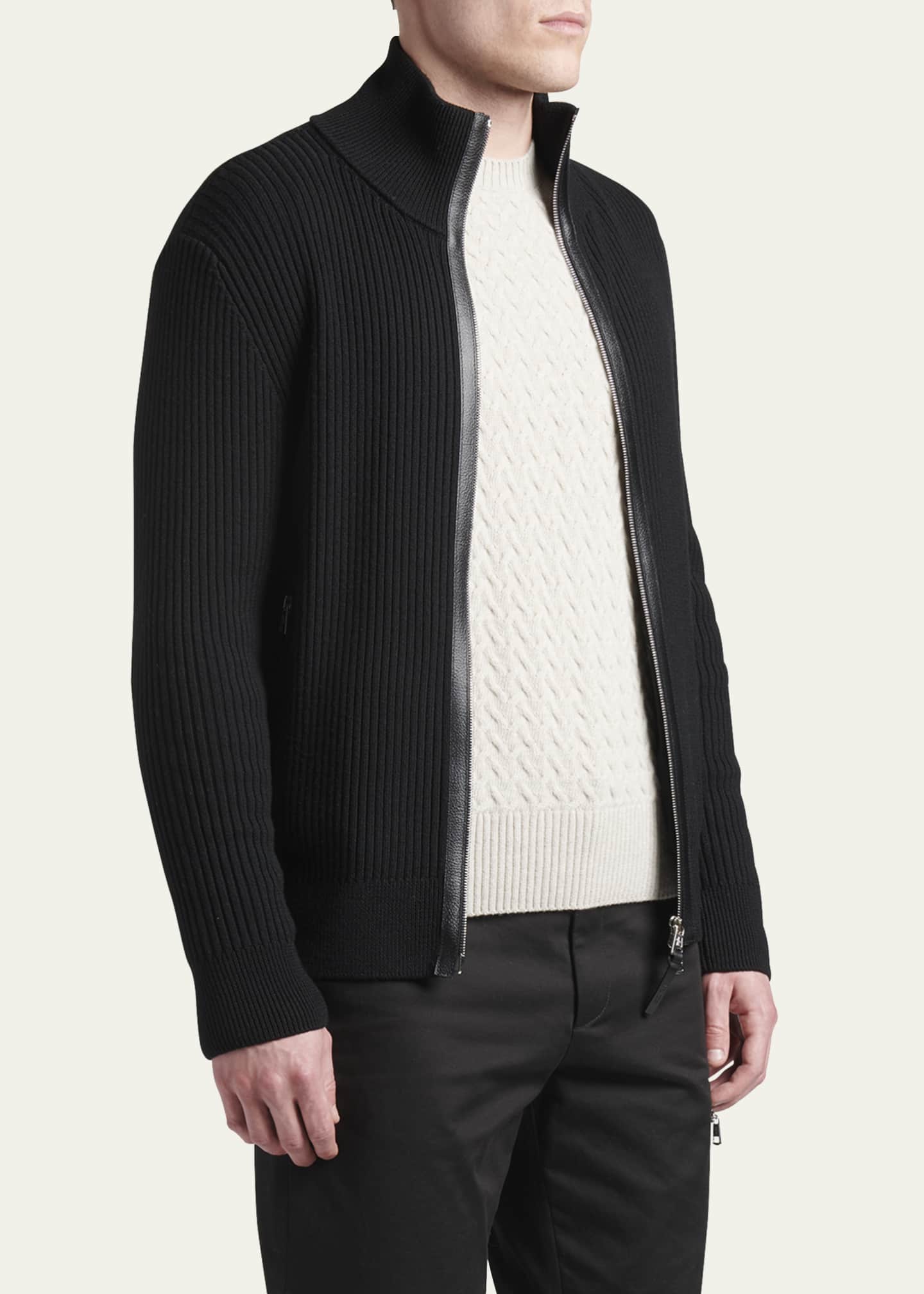Moncler Men s Ribbed Leather Trim Cardigan Sweater