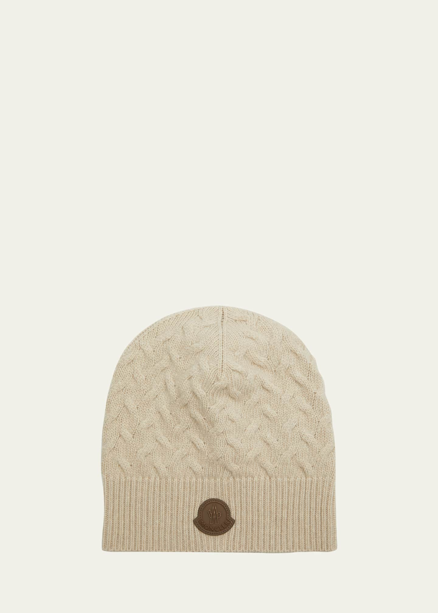 Moncler Men's Cable-Knit Beanie with Leather Patch