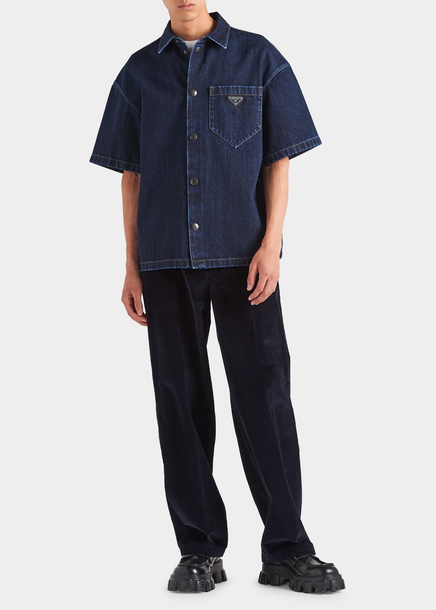 Prada Men's Boxy Denim Bowling Shirt Bergdorf Goodman