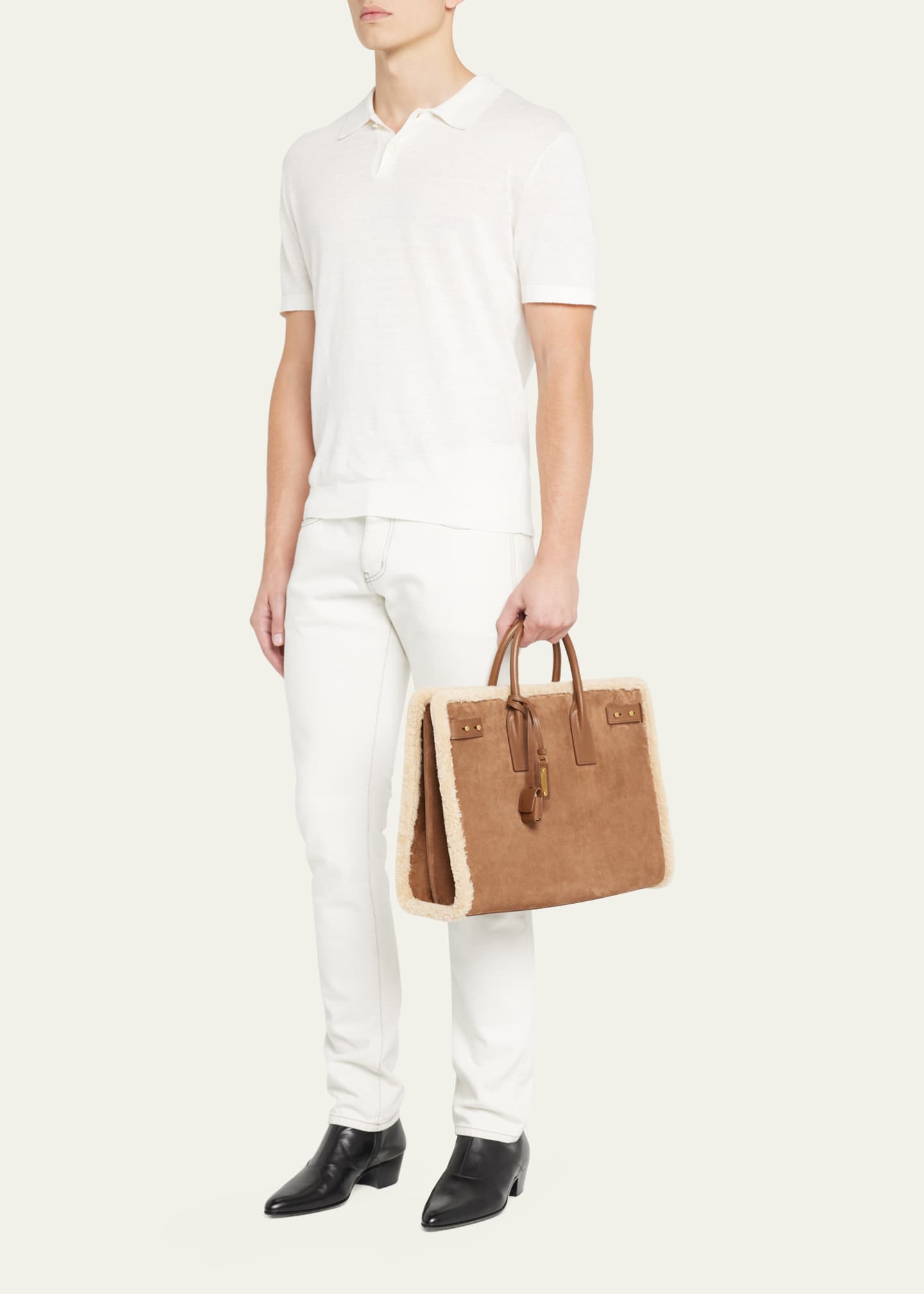 Saint Laurent Men s Sac De Jour Shearling Trim Leather Tote Bag