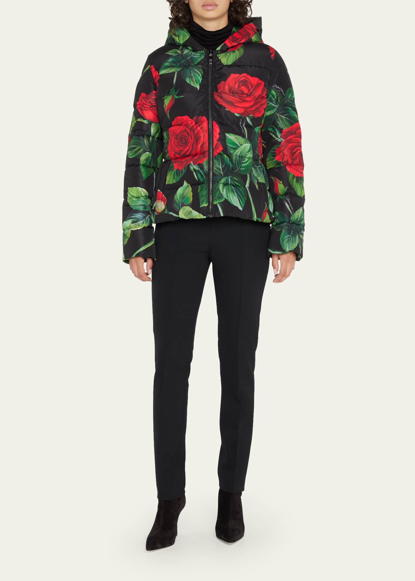 Dolce&Gabbana Rose-Print Hooded Puffer Jacket