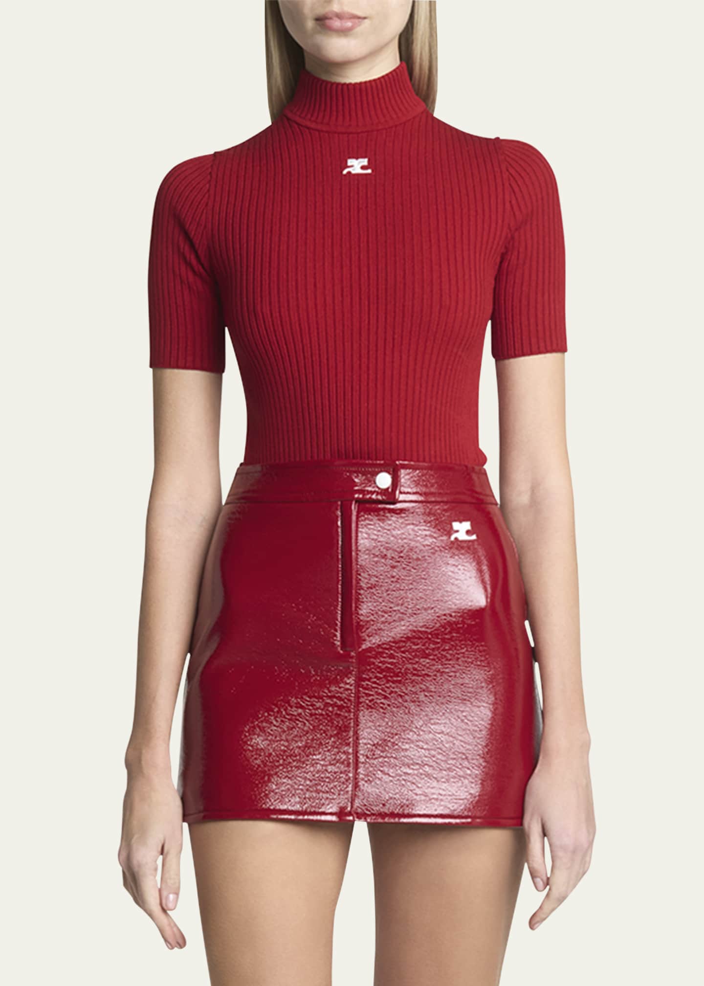 courreges クレージュ●ShortSleeves KnitJumper Courreges Mock-Neck Short-Sleeve Rib Pullover - Bergdorf Goodman