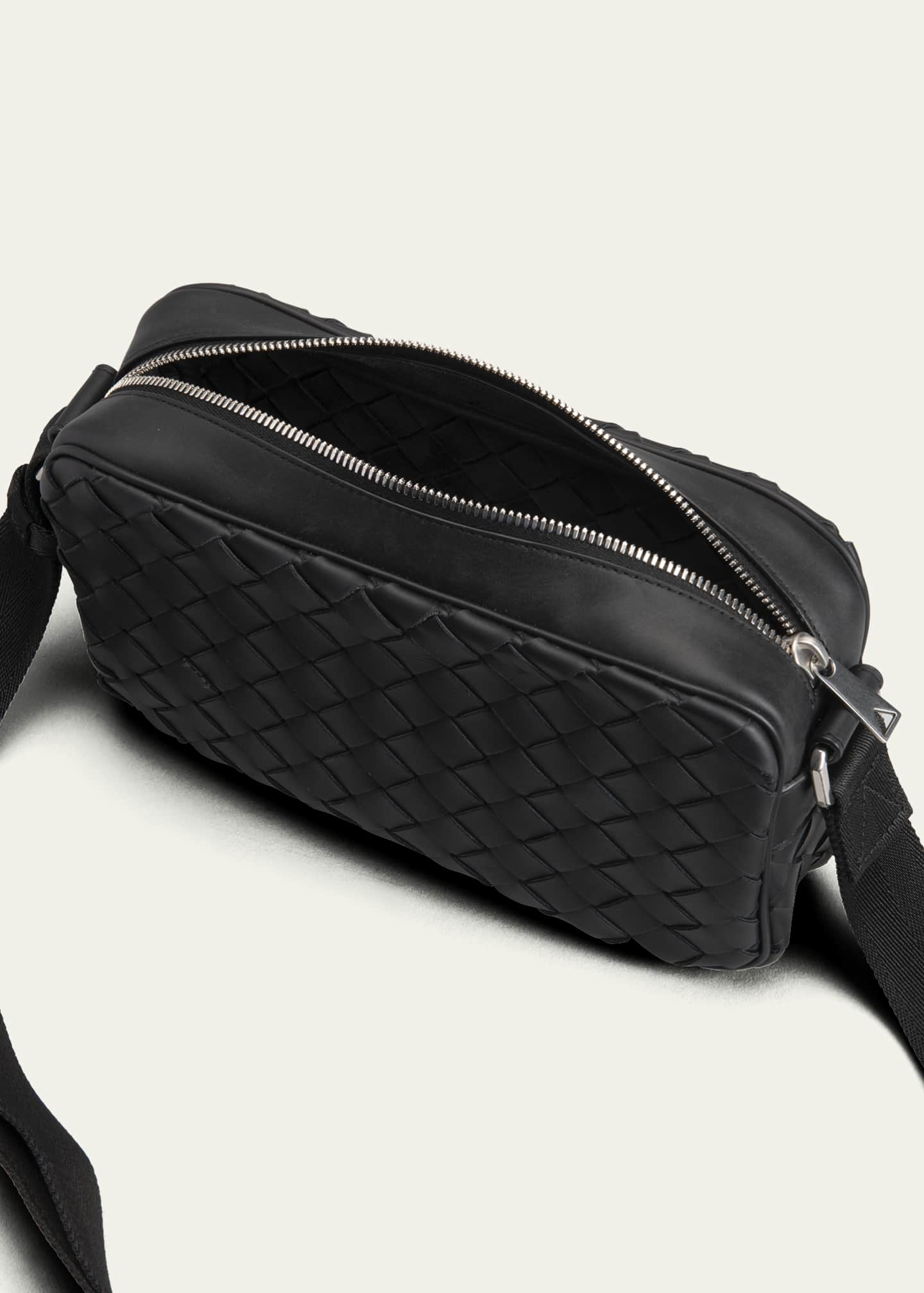 Bottega Veneta Men's Leather Intrecciato Crossbody Camera Bag, black-silver, Men's, Crossbody Bags Messenger Bags & Camera Bags