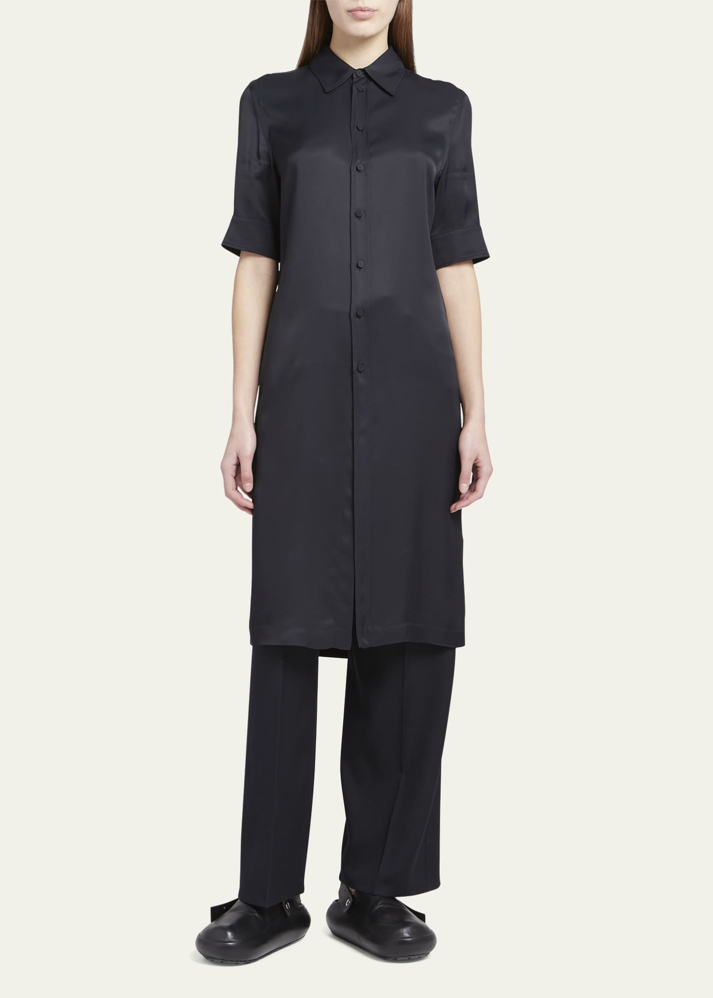 Jil Sander Short-Sleeve Collared Matte Fluid Tunic Shirt Image 2 of 5