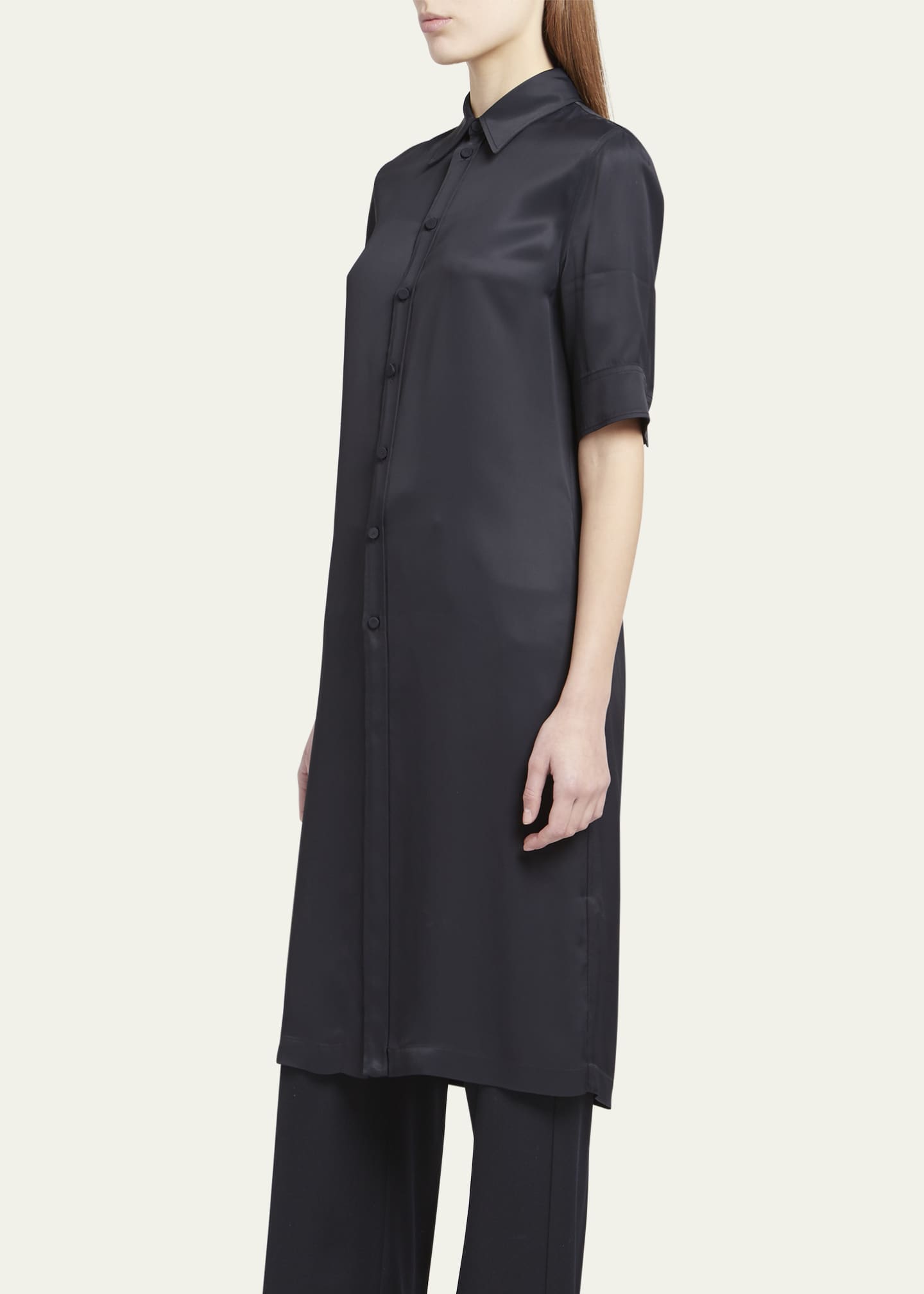 Jil Sander Short-Sleeve Collared Matte Fluid Tunic Shirt Image 4 of 5