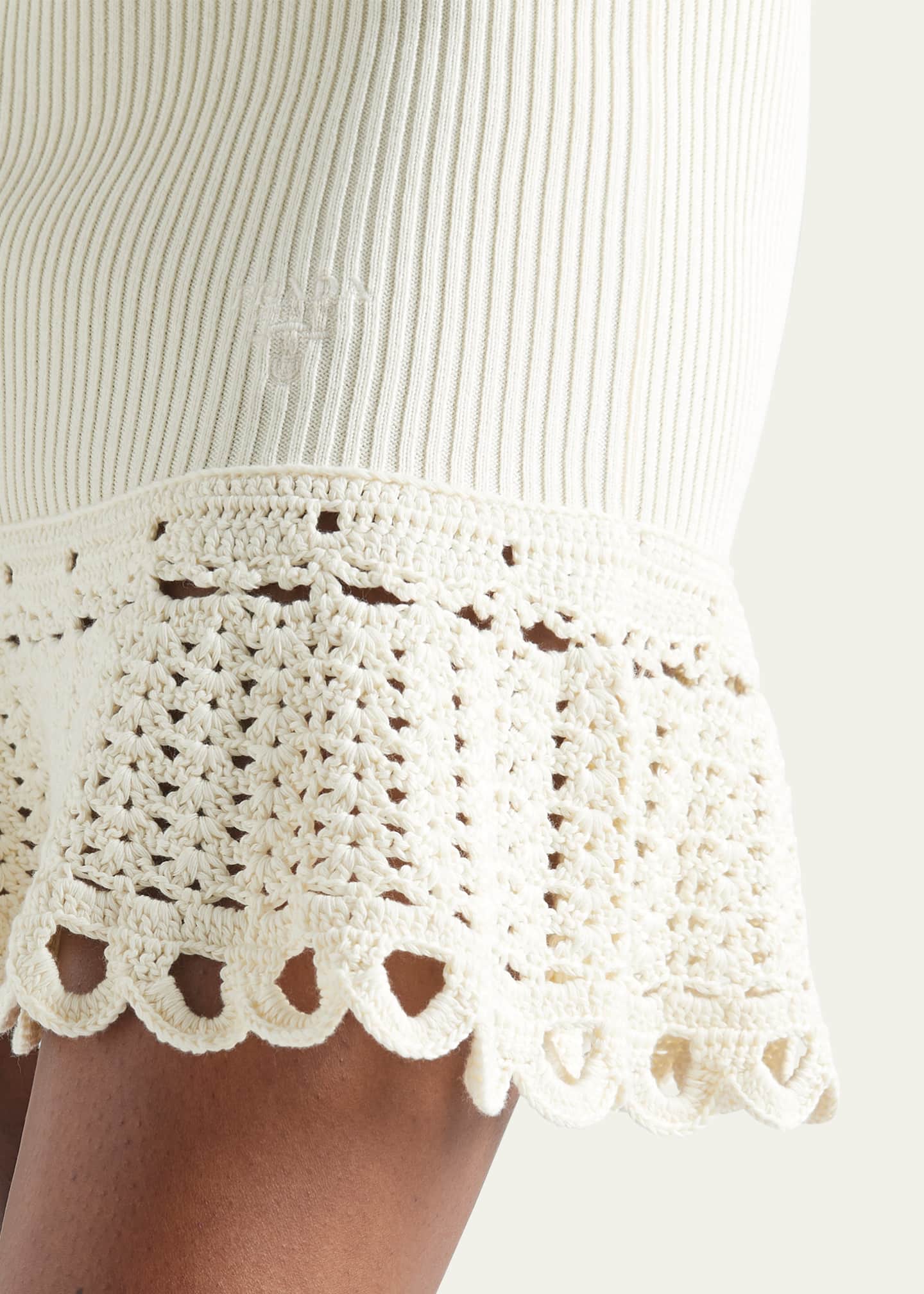 Prada Logo-Embroidered Rib Mini Skirt with Crochet Hem