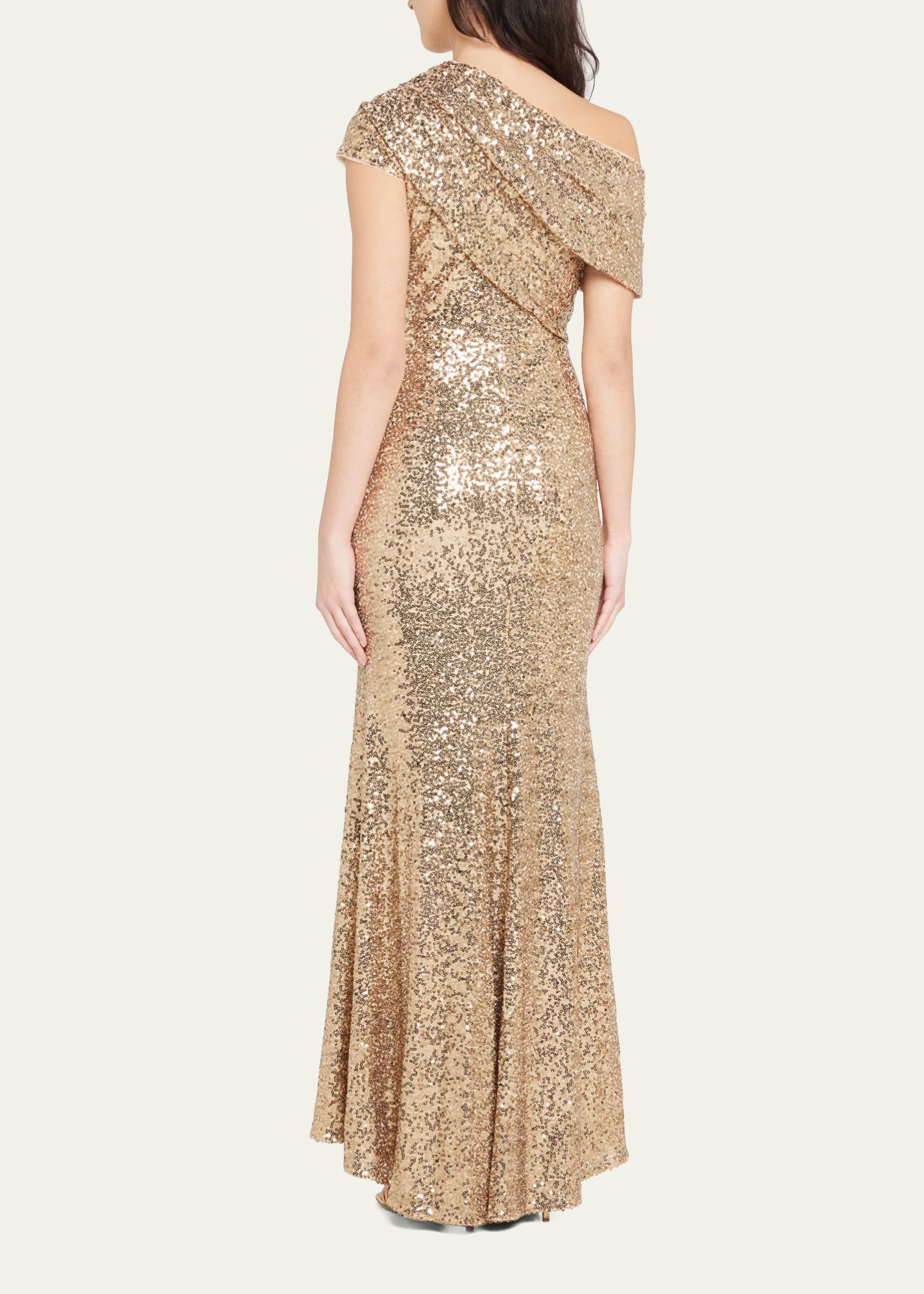 Badgley Mischka Women's Off-the-Shoulder Sequin Gown – Asymmetrical Sleeve Evening Dress - View #6