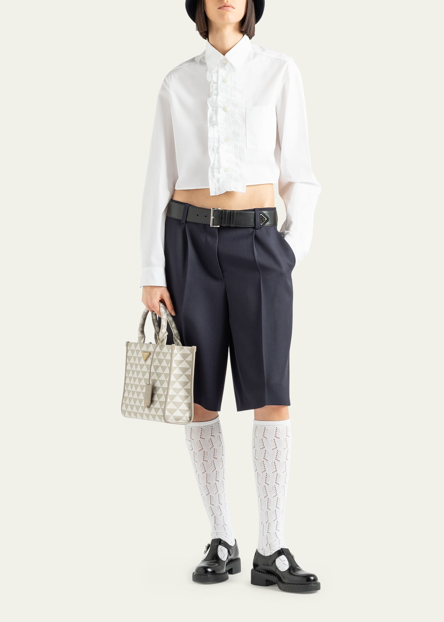 Prada Cropped Poplin Blouse with Detachable Ruffle Bib Image 2 of 4