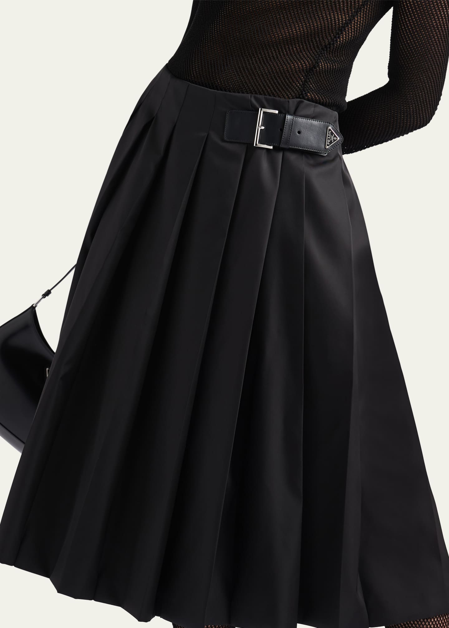 Prada Recycled Nylon Pleated Belted Midi Skirt - Bergdorf