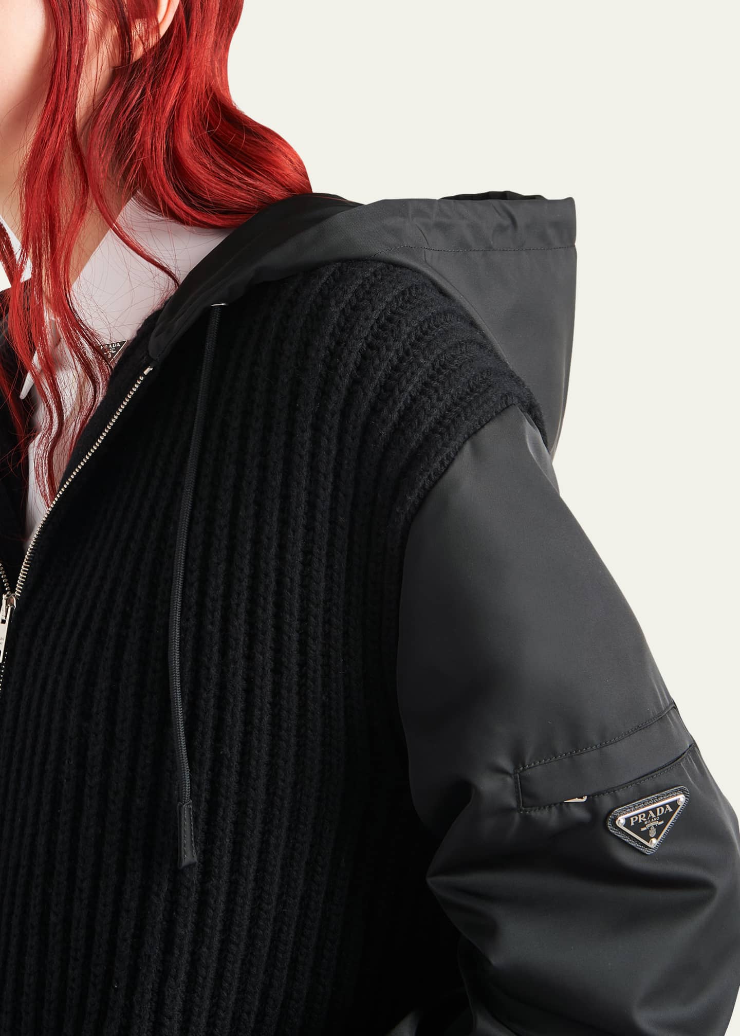 Prada Cashmere Zip Front Jacket with Re-Nylon Sleeves - Bergdorf
