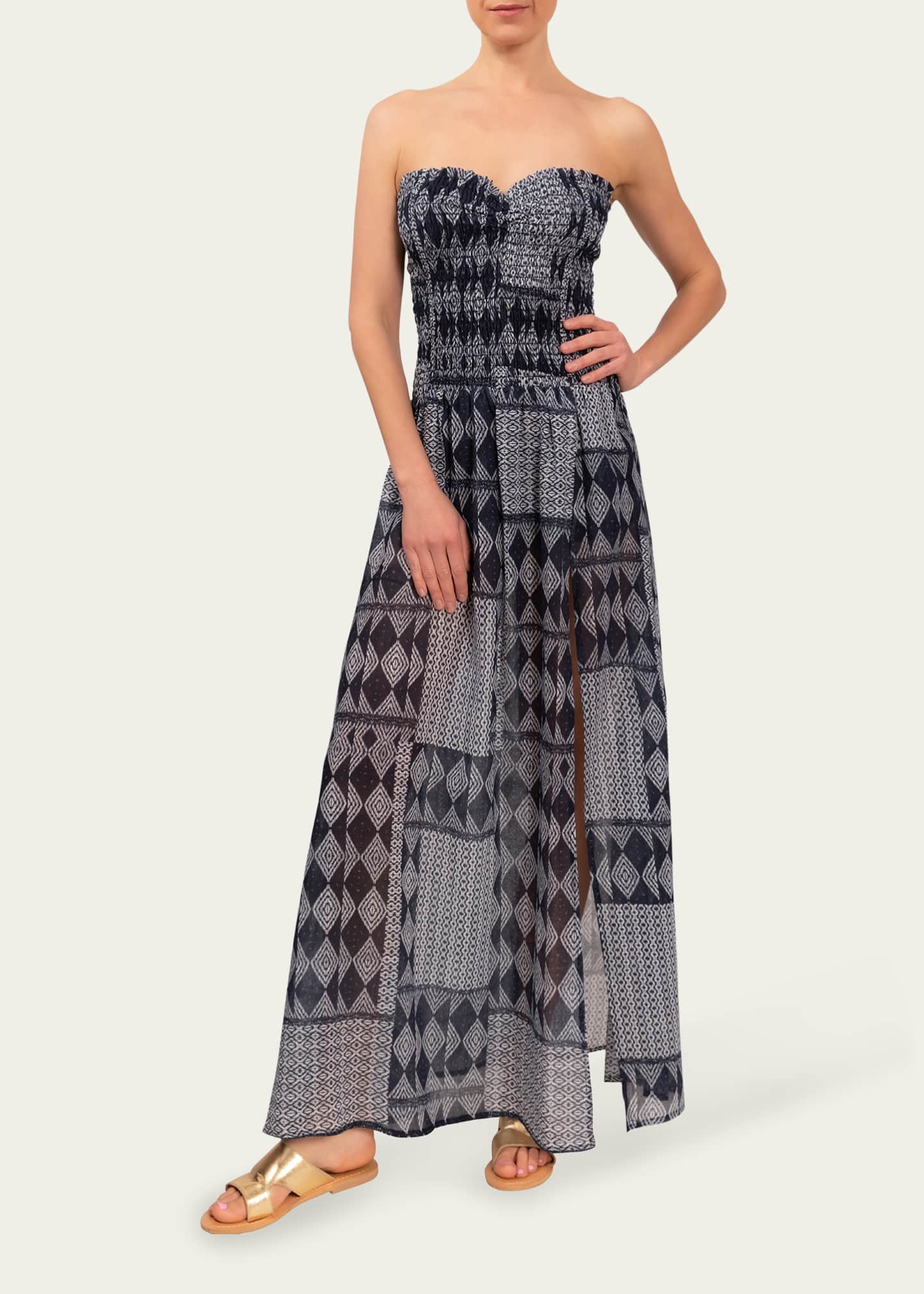 Strapless Smocked Ombre Print Swing Maxi Dress