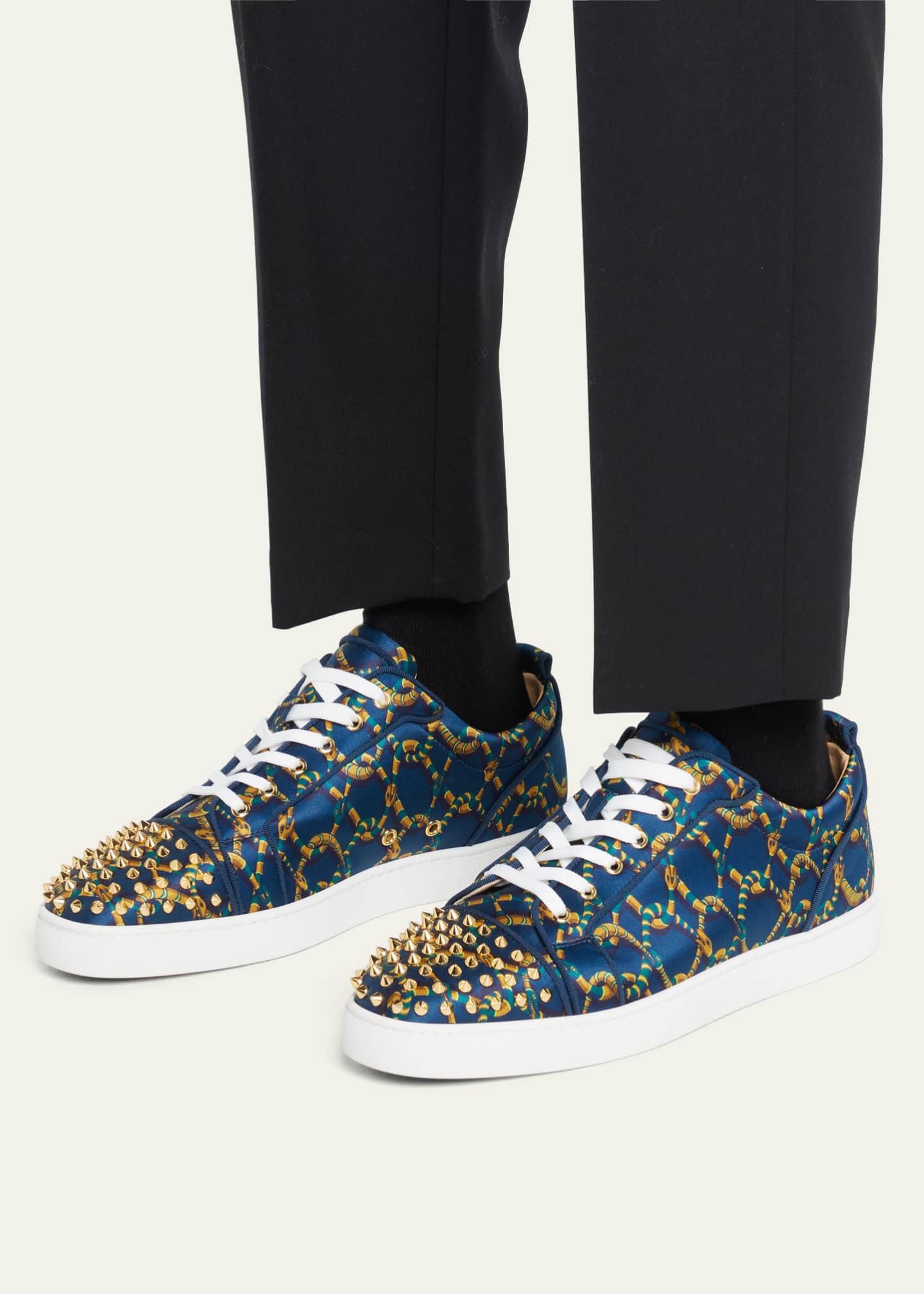 Christian Louboutin Men's Louis Junior Spikes Satin Low-top Sneakers In  Obscur/gold