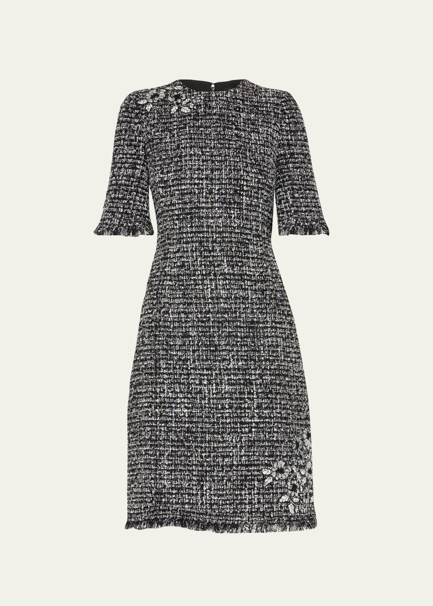 Rickie Freeman for Teri Jon Tweed Floral Applique FringeTrim Dress