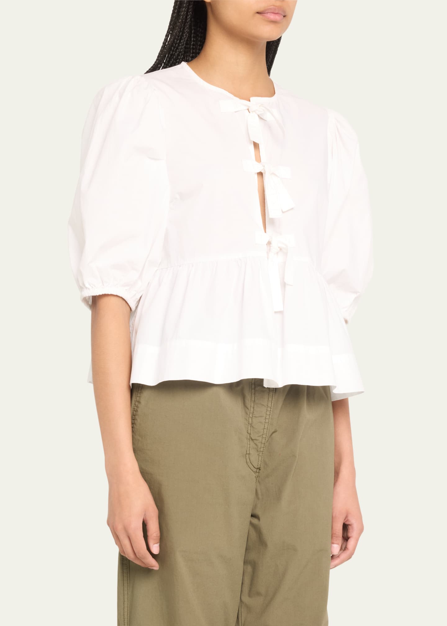 Ganni Poplin Front-Tie Peplum Blouse with Puffed-Sleeves