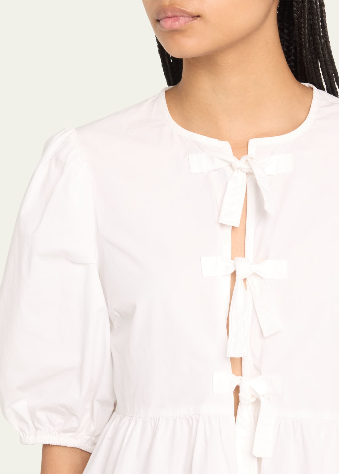 Ganni Poplin Front-Tie Peplum Blouse with Puffed-Sleeves Image 4 of 4