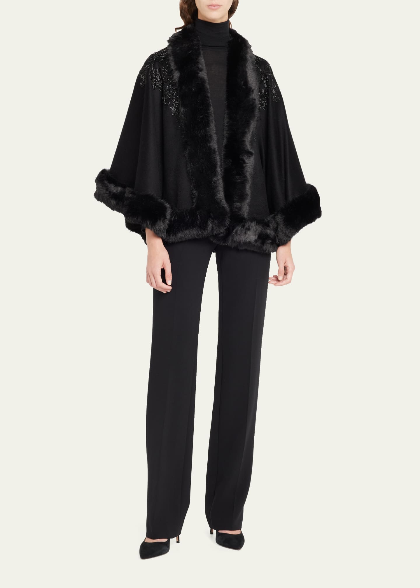 Embellished Cashmere & Faux Fur Swing Cape - Thumbnail 2