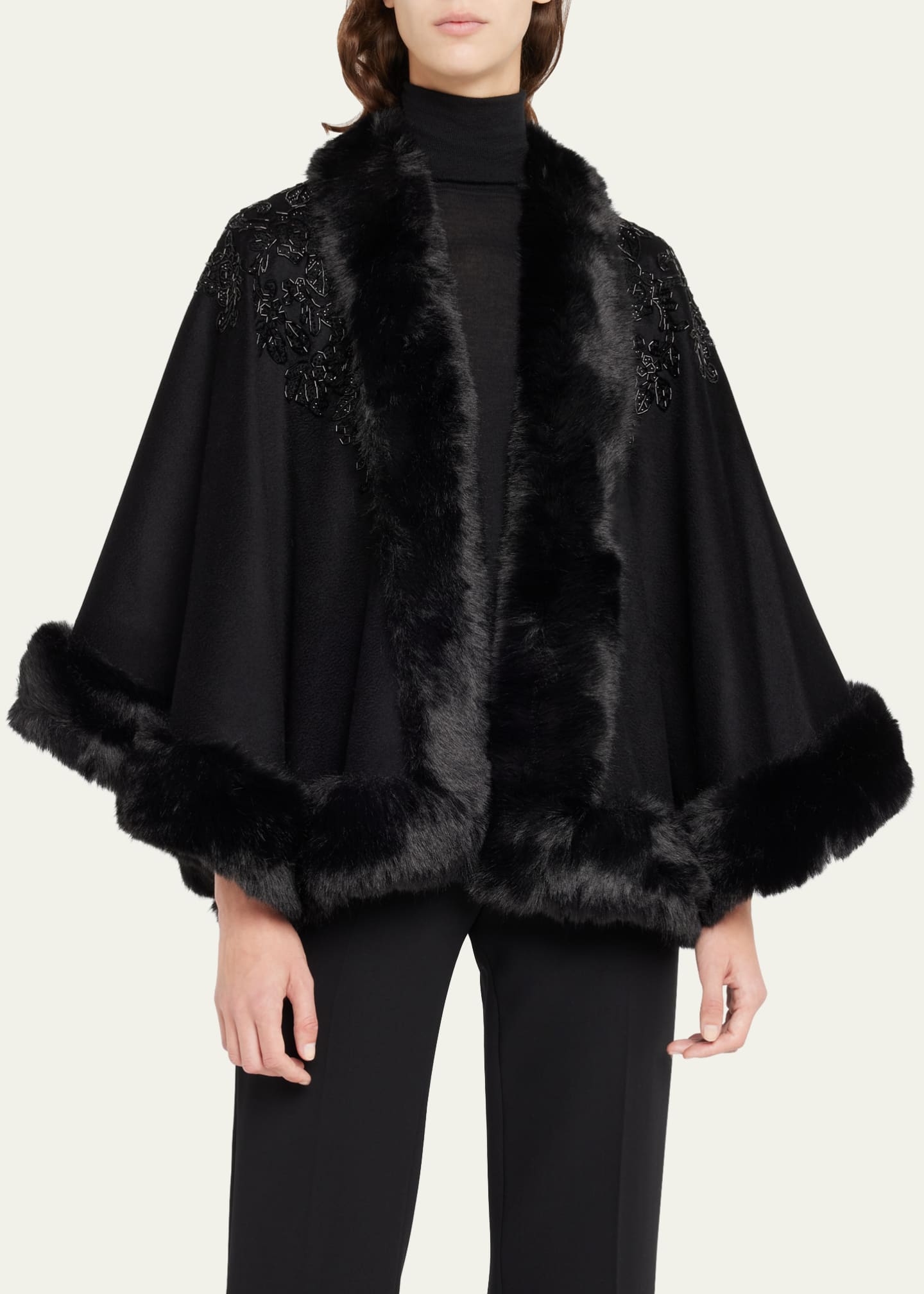 Embellished Cashmere & Faux Fur Swing Cape - Thumbnail 4