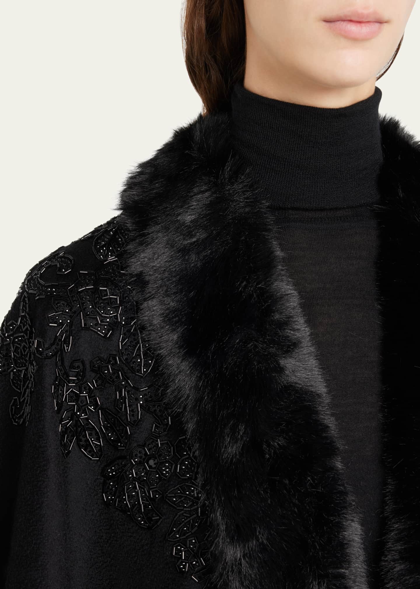 Embellished Cashmere & Faux Fur Swing Cape - Thumbnail 5