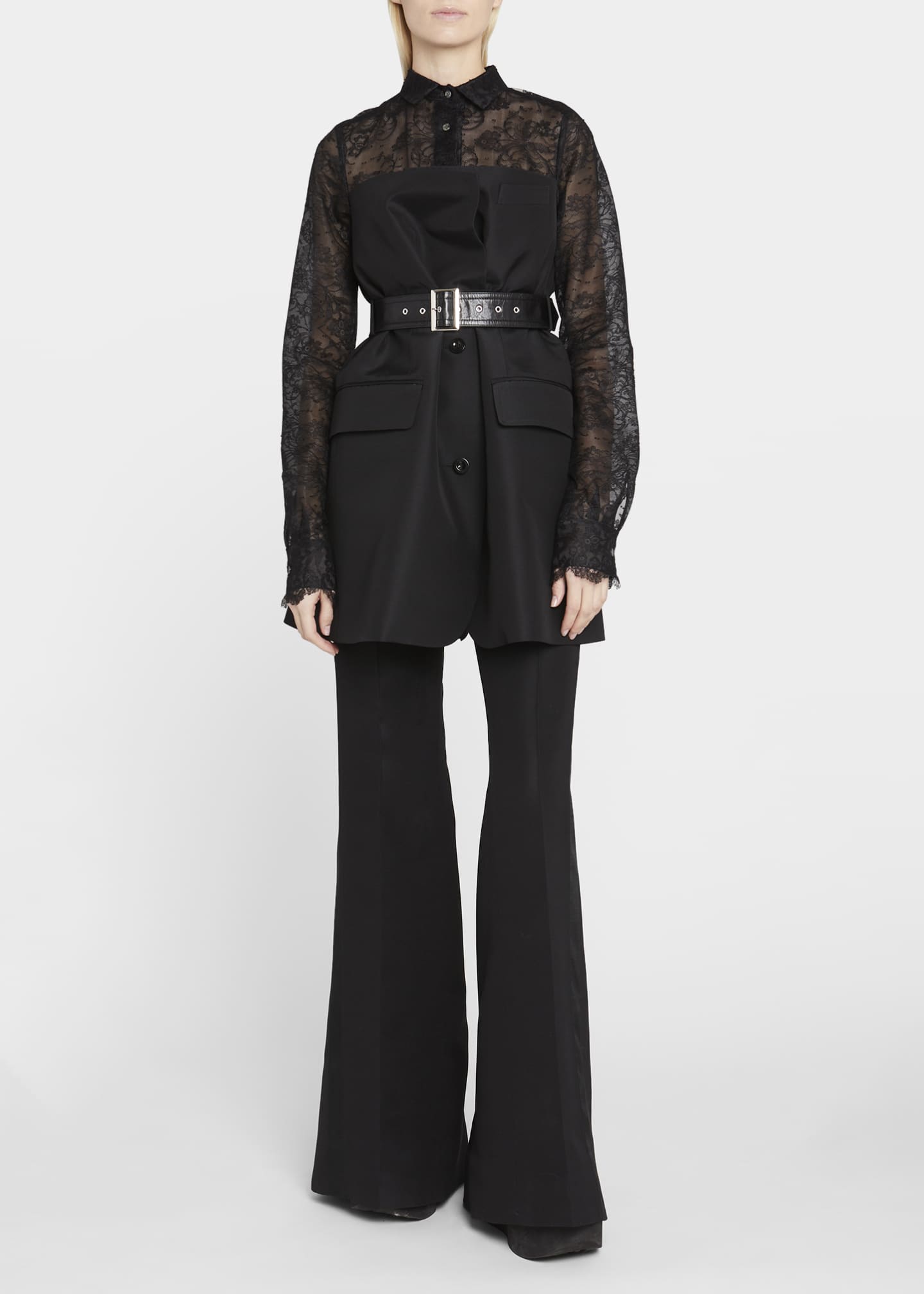 SACAI Lace Corset Layer Leather Belted Blouse - Bergdorf Goodman