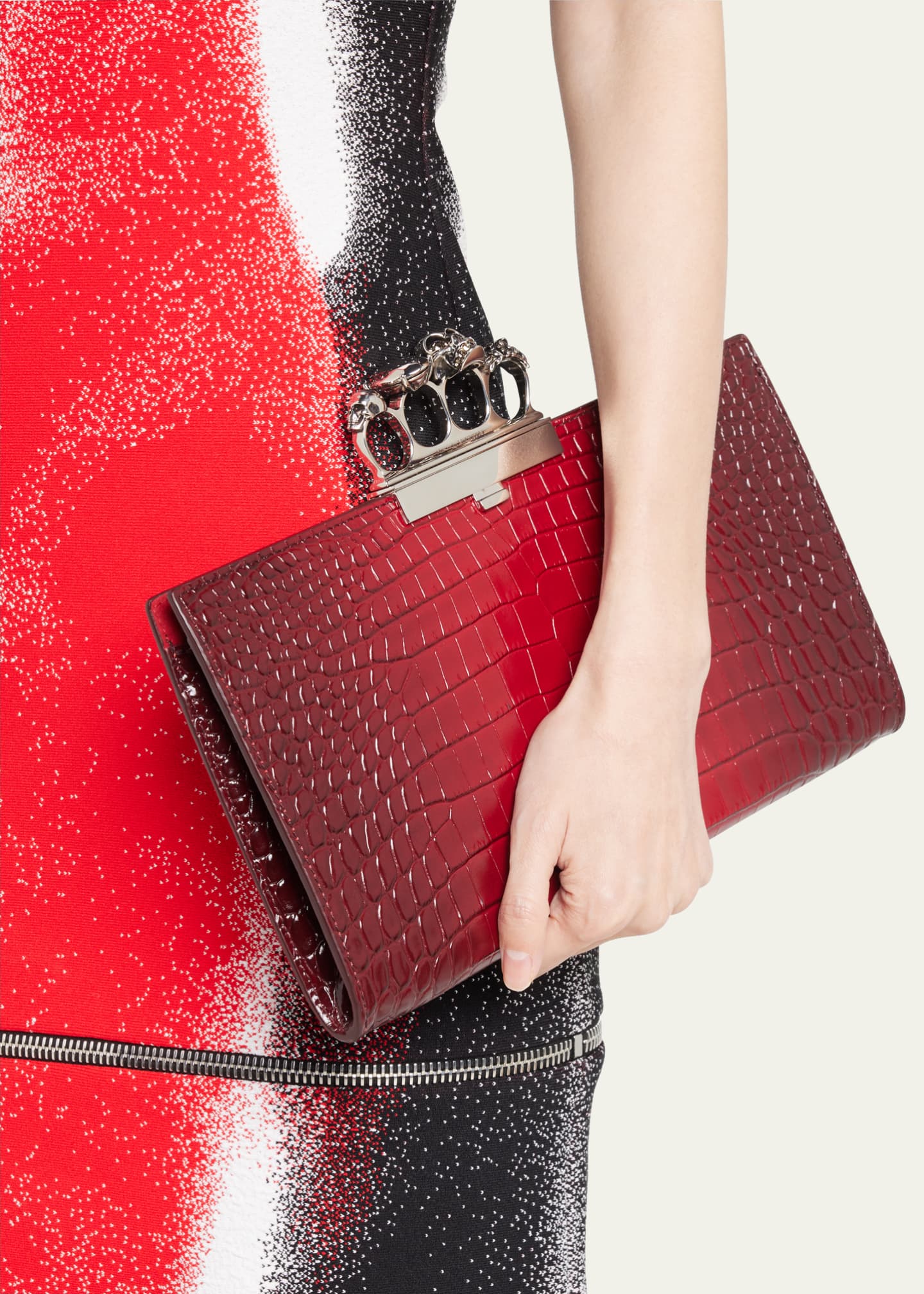 Alexander McQueen Four Ring Flat Croc-Embossed Pouch Clutch Bag
