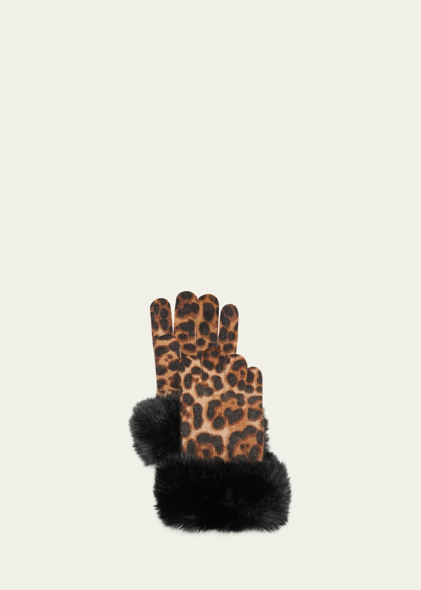Sofia Cashmere Leopard Print Cashmere Gloves w/ Faux Fur Cuffs Image 1 of 2