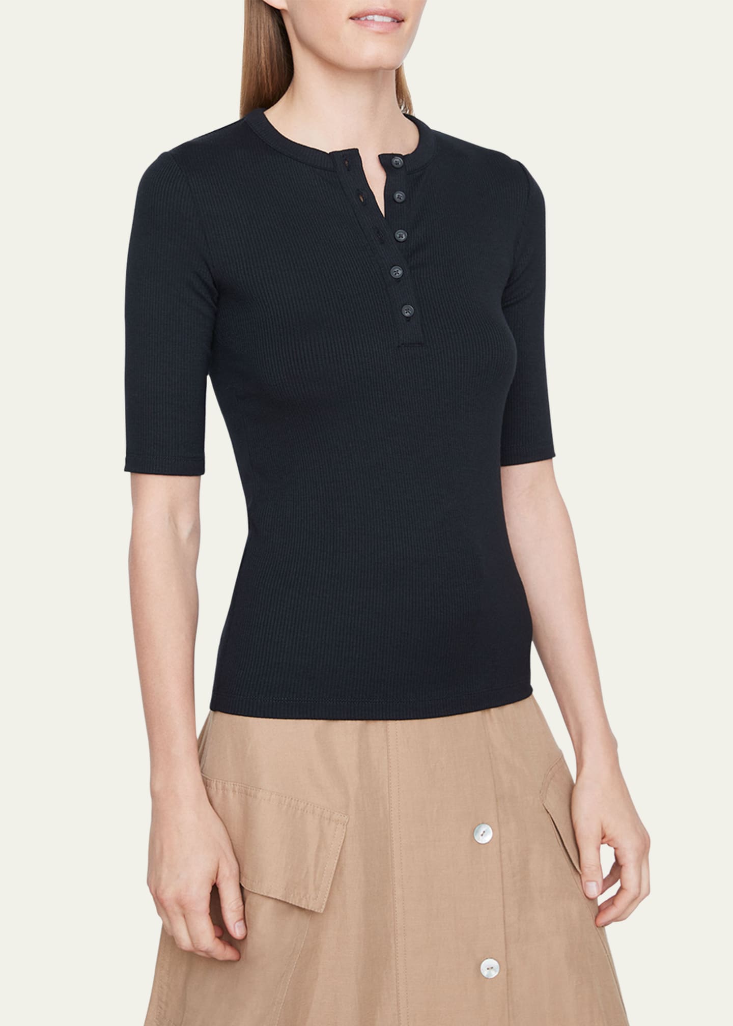 Vince Ribbed ElbowSleeve Henley Top Bergdorf Goodman