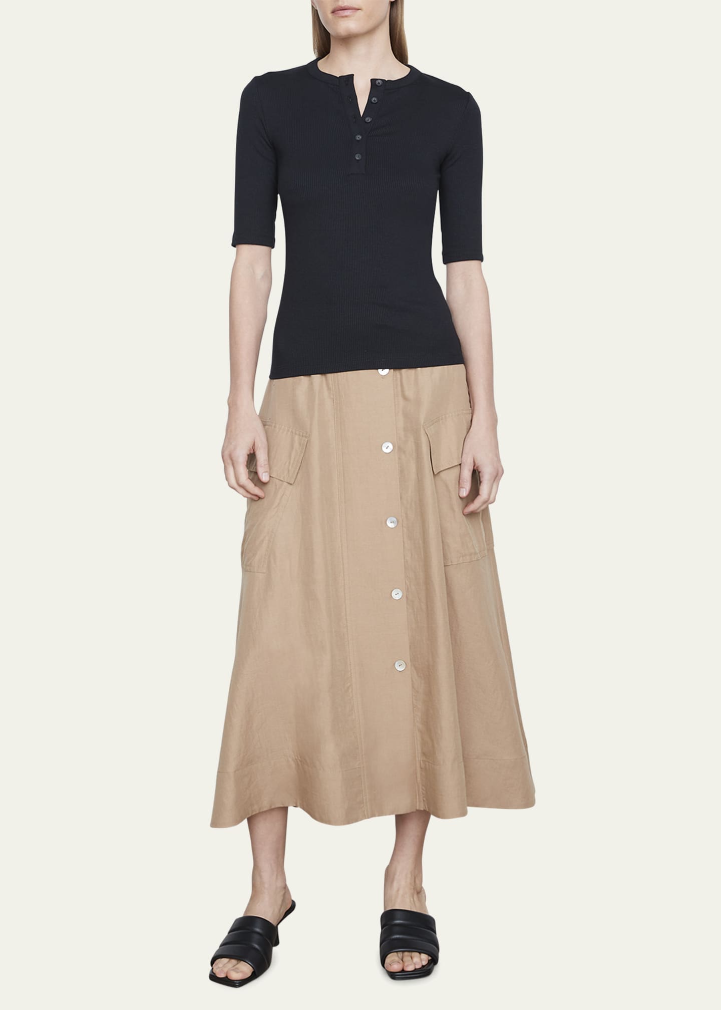 Vince Ribbed ElbowSleeve Henley Top Bergdorf Goodman