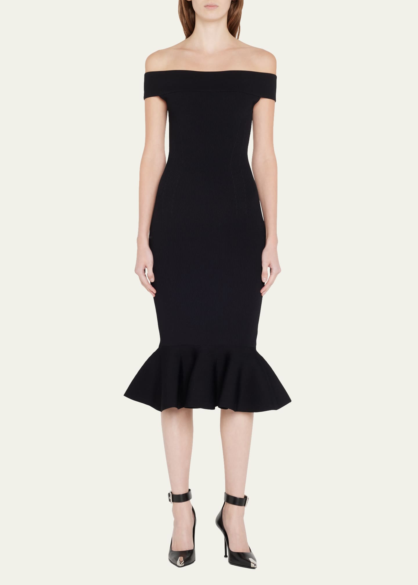 Alexander McQueen Off-the-Shoulder Flounce Midi Dress - Bergdorf Goodman