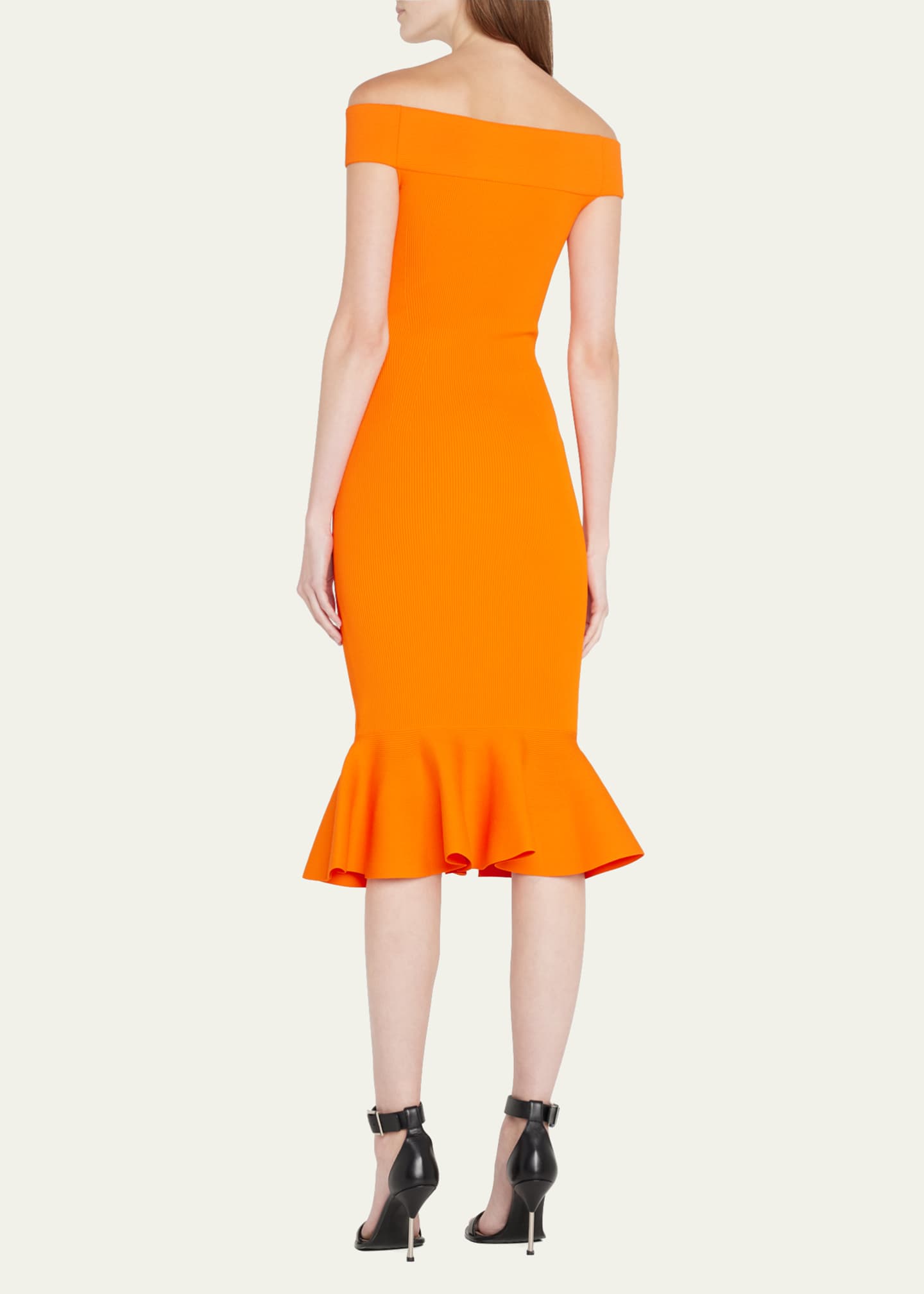 Alexander McQueen Off-the-Shoulder Flounce Midi Dress - Bergdorf Goodman