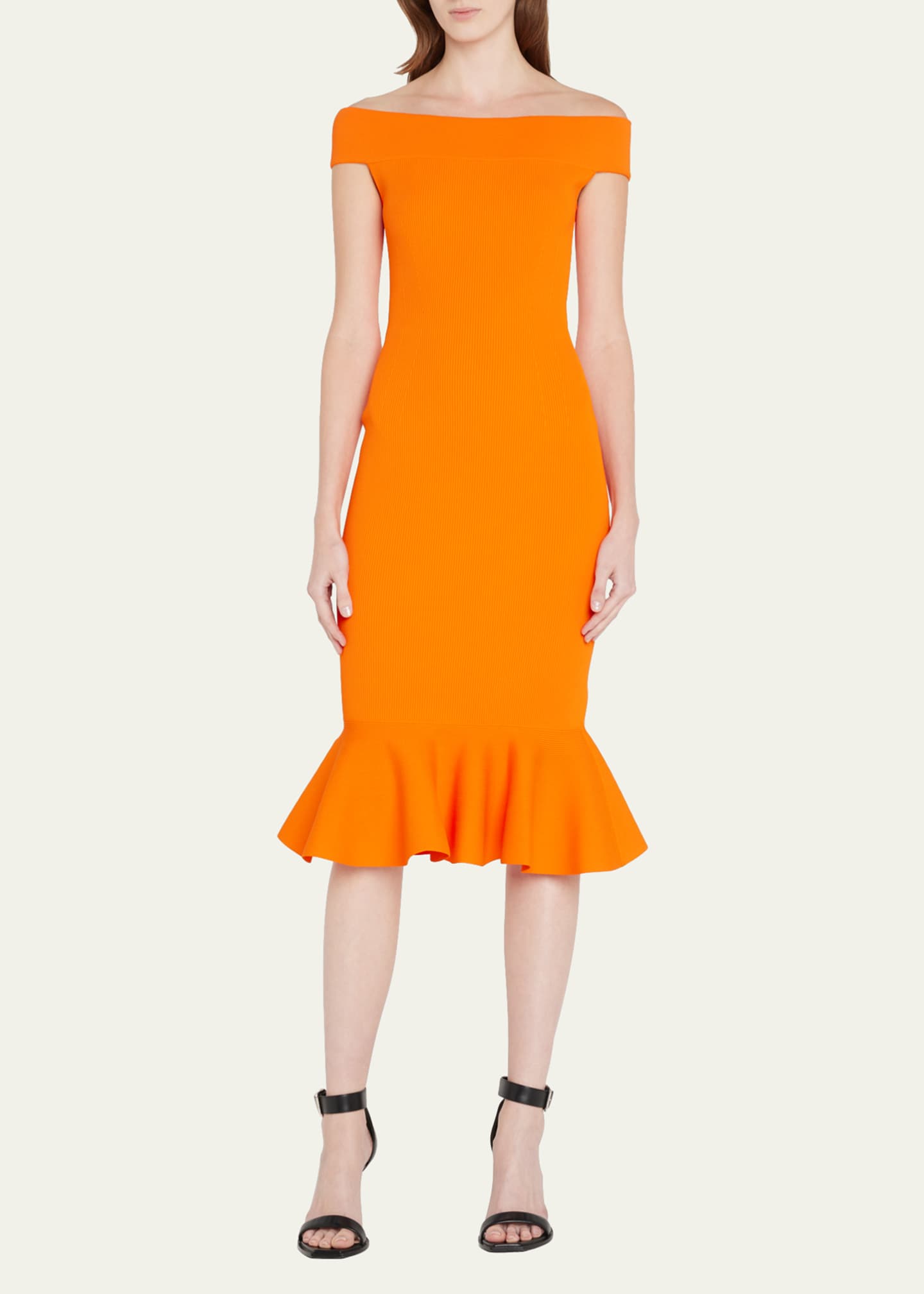 Alexander McQueen Off-the-Shoulder Flounce Midi Dress - Bergdorf Goodman