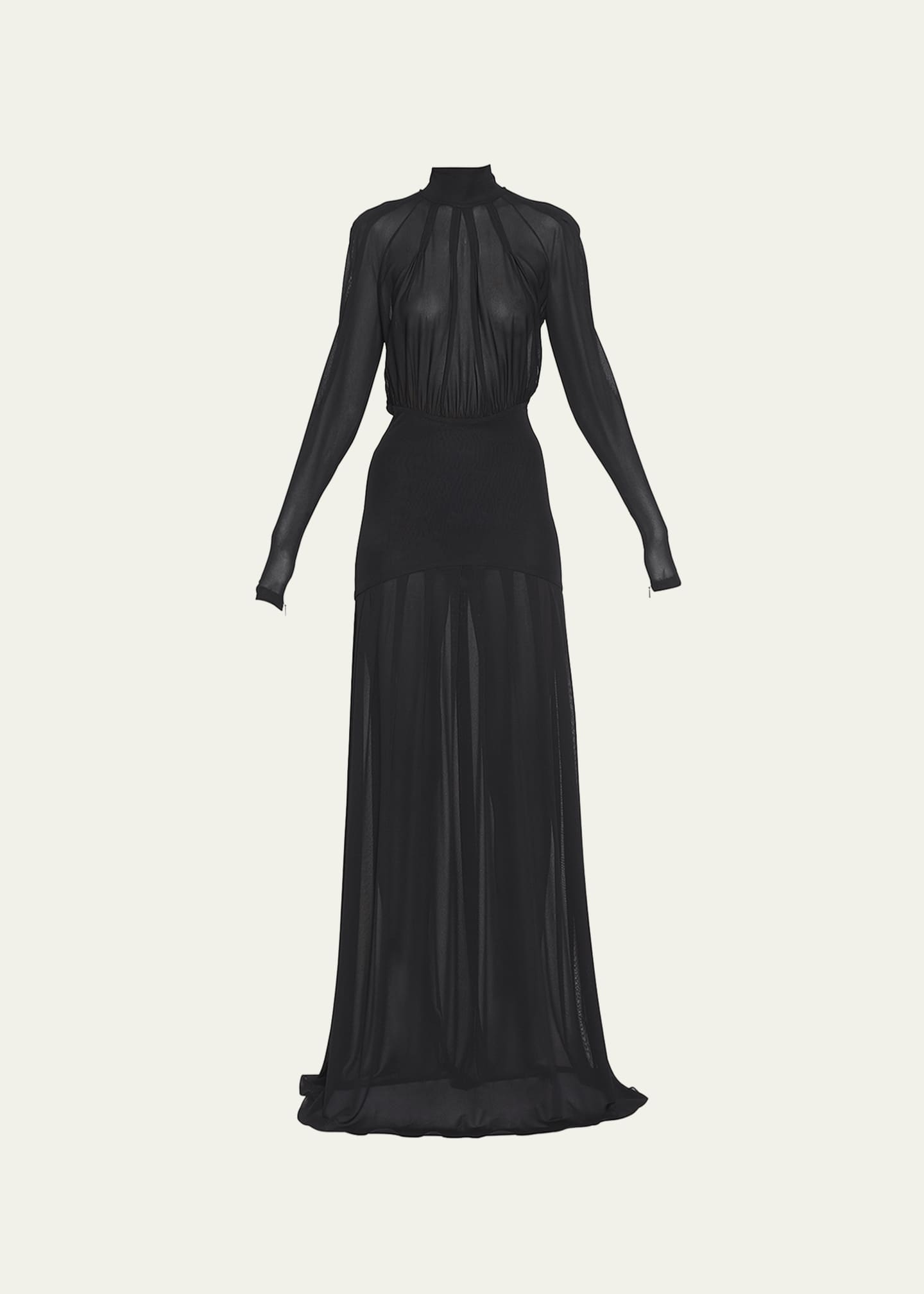 Saint Laurent HighNeck Ruched Sheer Overlay Gown Bergdorf Goodman