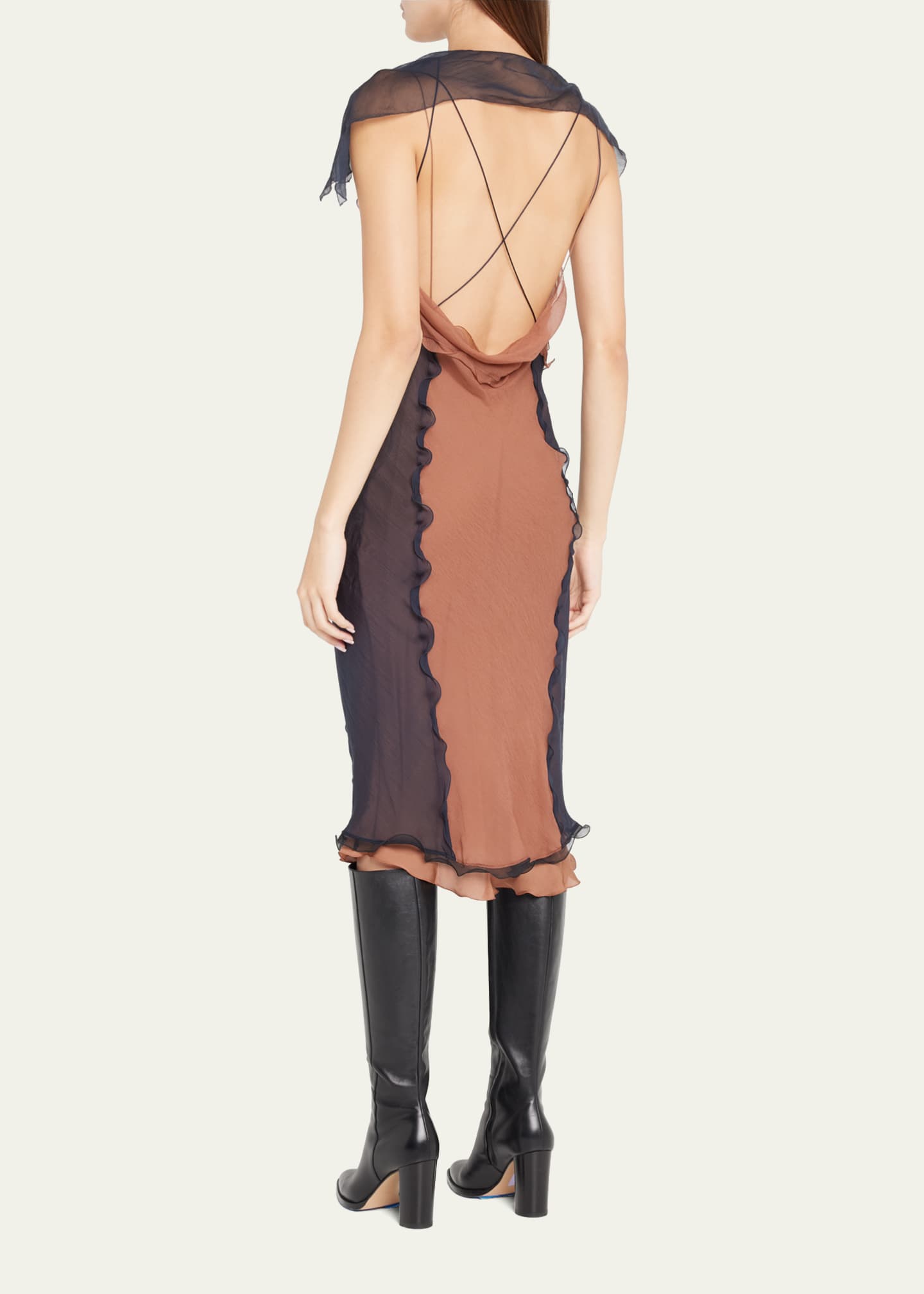 Fendi Bicolor Chiffon Ruffle-Trim Midi Dress with Slip - Bergdorf Goodman