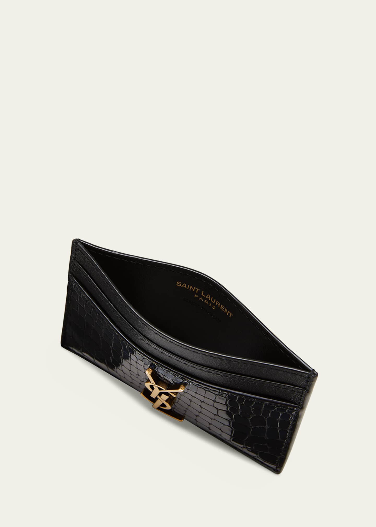 Saint Laurent Ysl Monogram Croc-Embossed Leather Card Case, Black