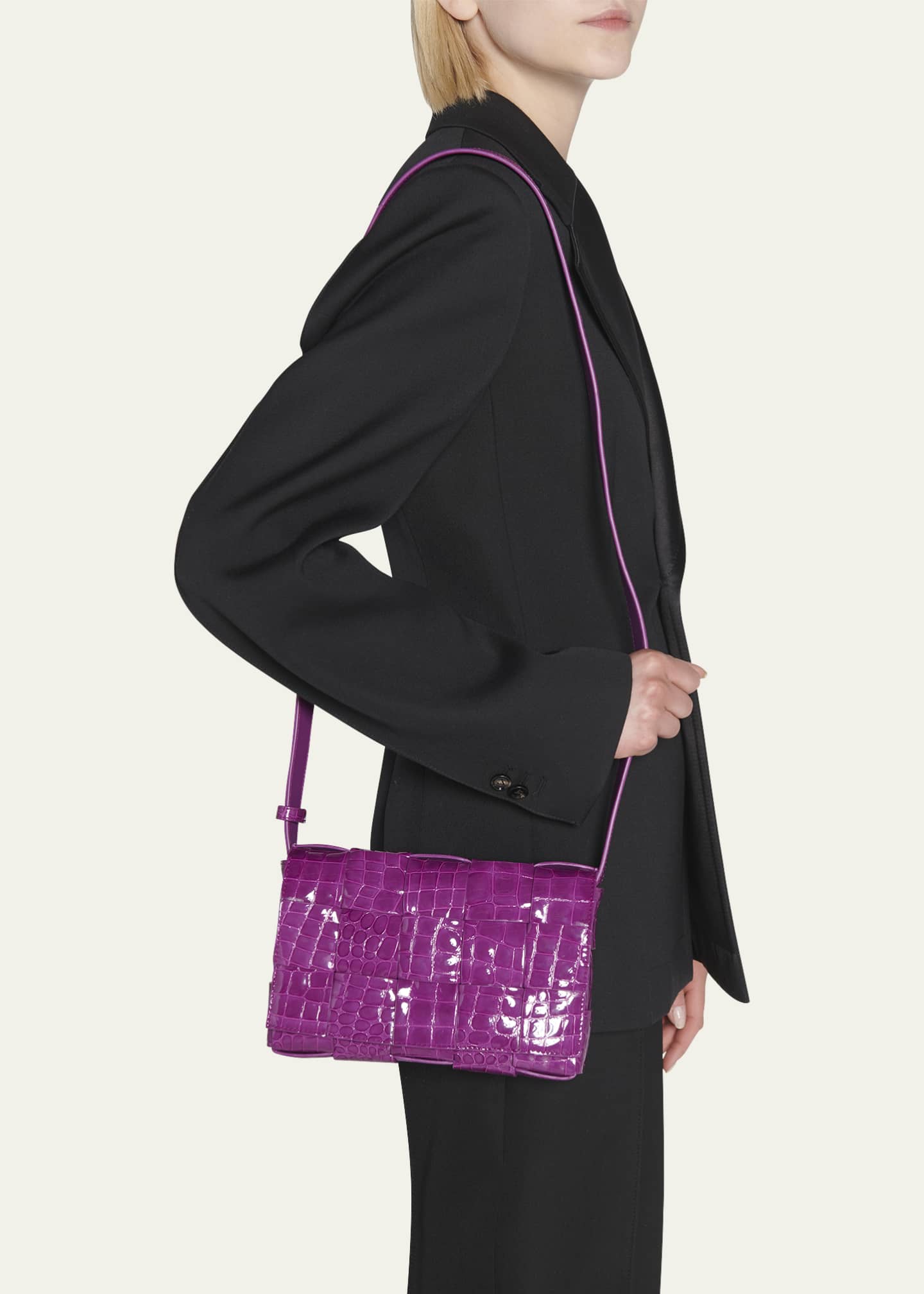 Bottega Cassette Intrecciato Glossy CrocEmbossed Crossbody Bag