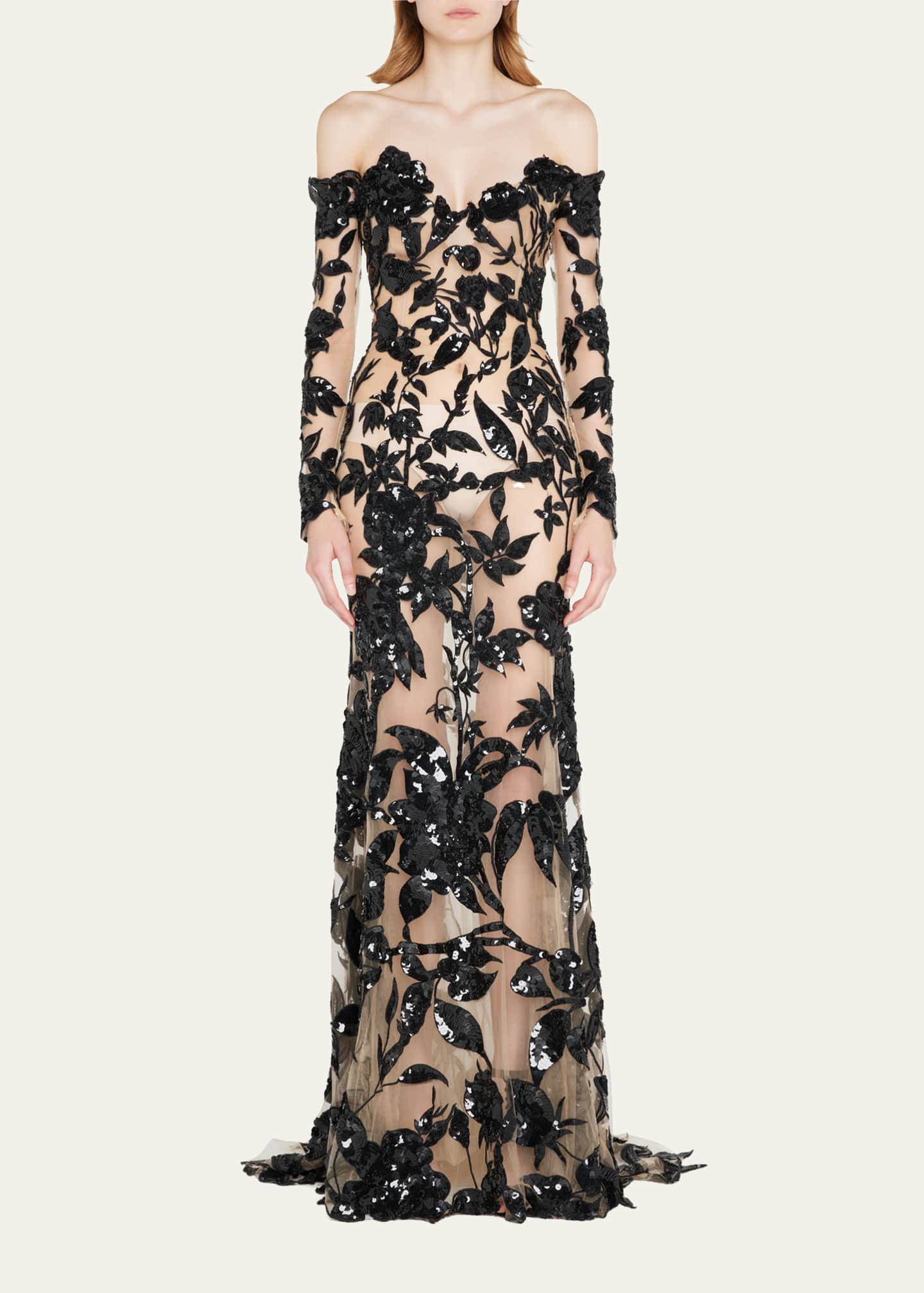 Oscar de la Renta Floral-Sequin Embroidered Evening Gown - Bergdorf Goodman