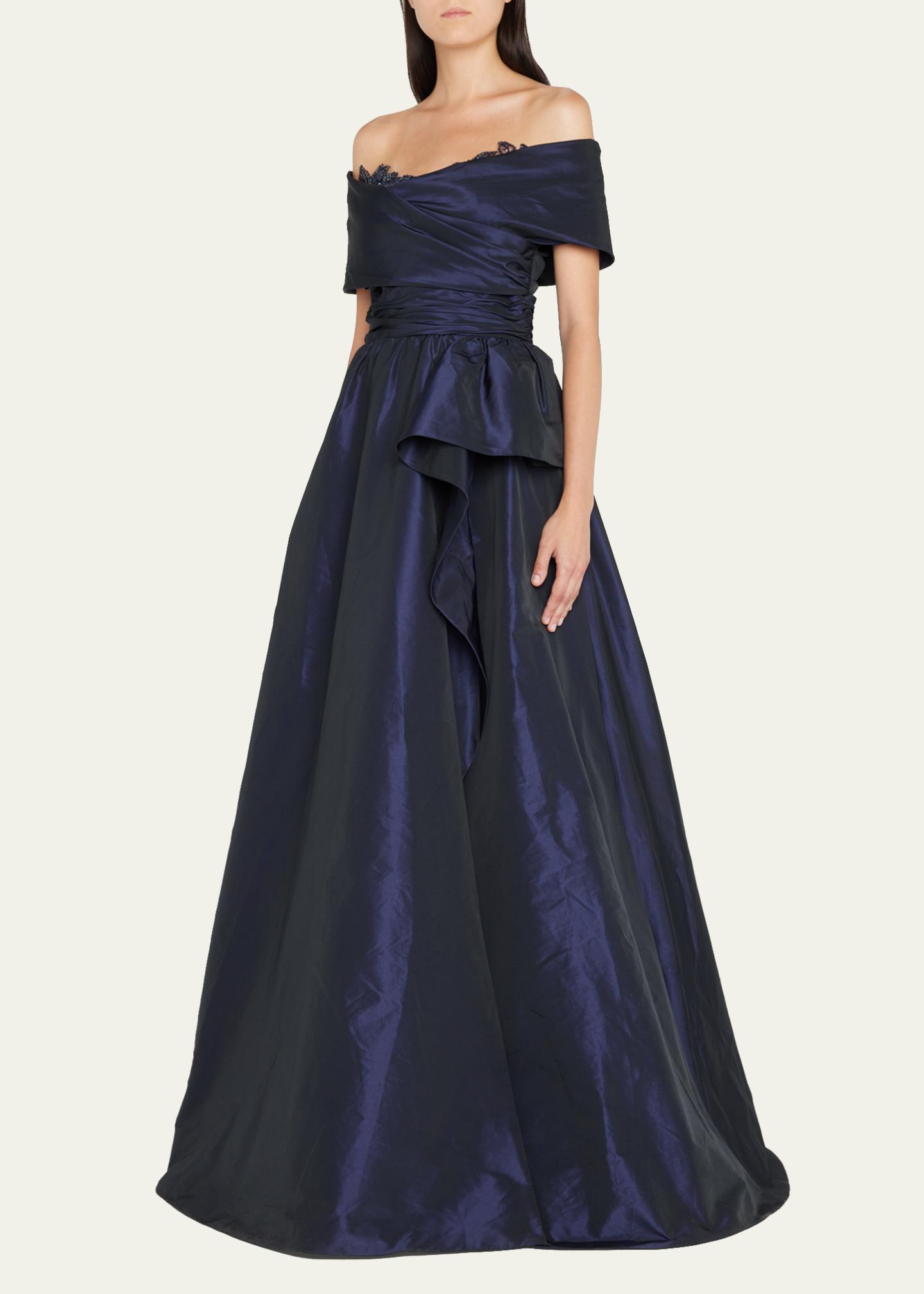Robe De Soirée TERI JON En Taffetas Plissé Noir - Taille 6, Longue, Bretelles Fines