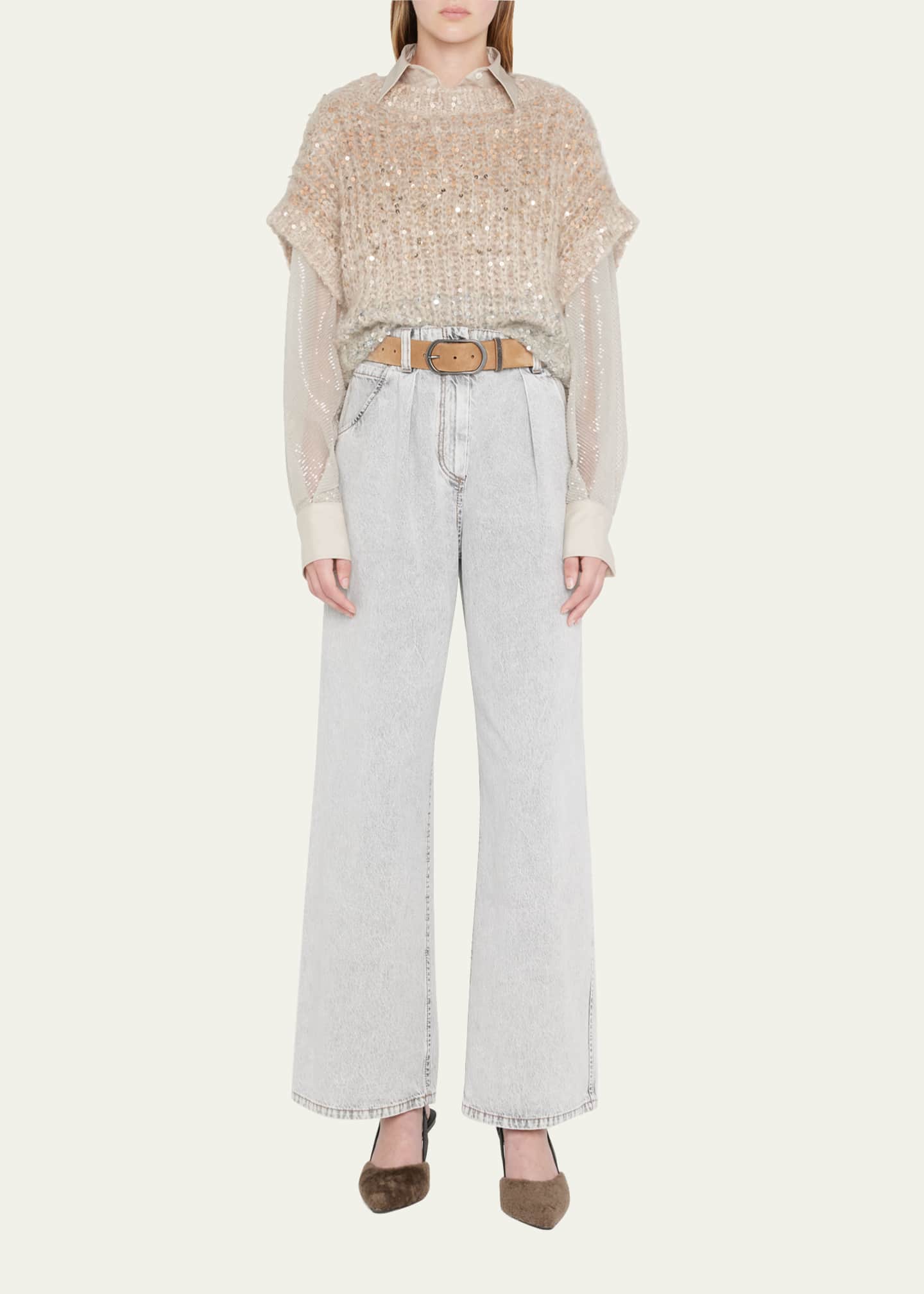 Brunello Cucinelli Stone-Washed Pleated Wide-Leg Elastic-Waist Jeans ...