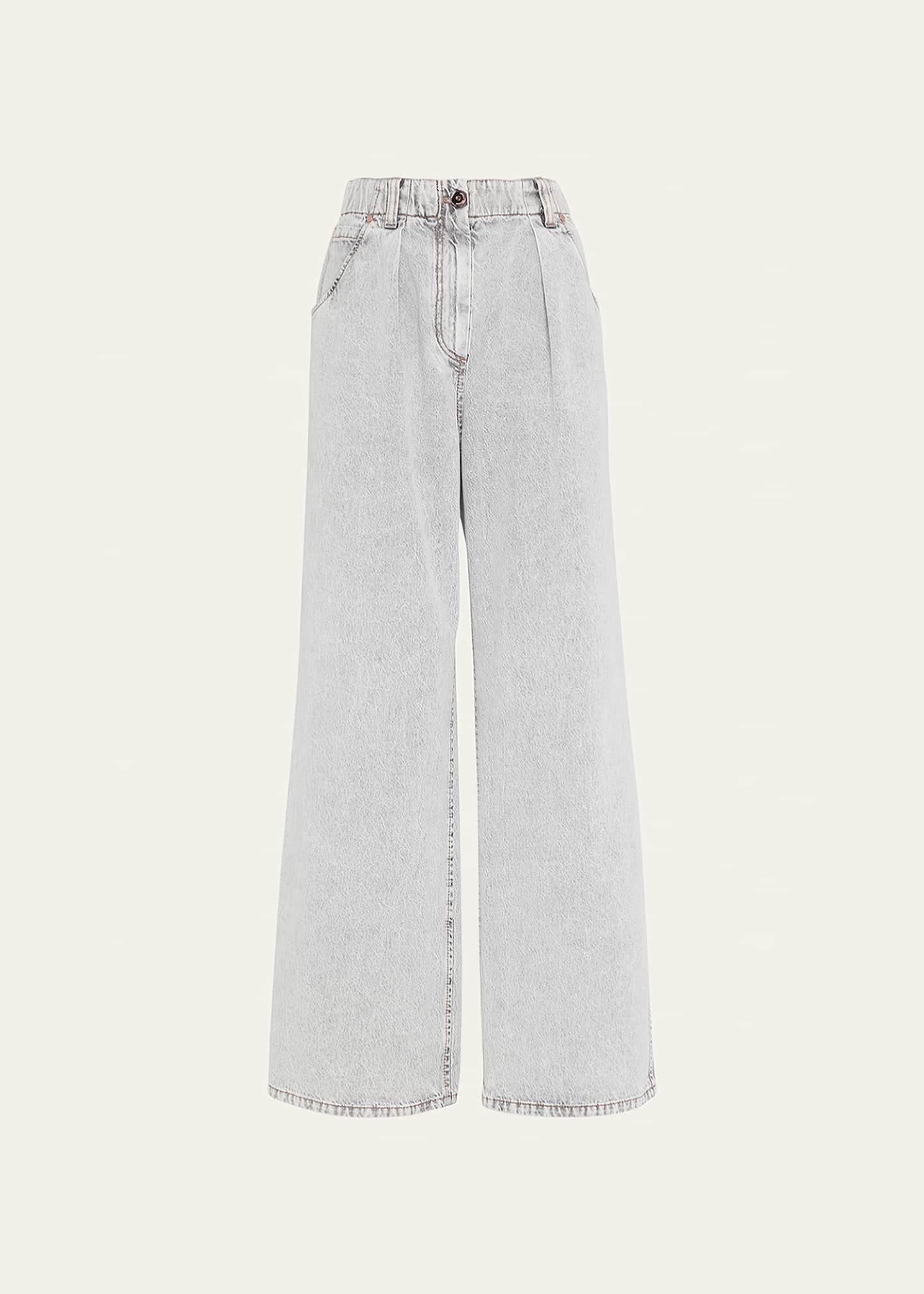 Brunello Cucinelli Stone-Washed Pleated Wide-Leg Elastic-Waist Jeans ...