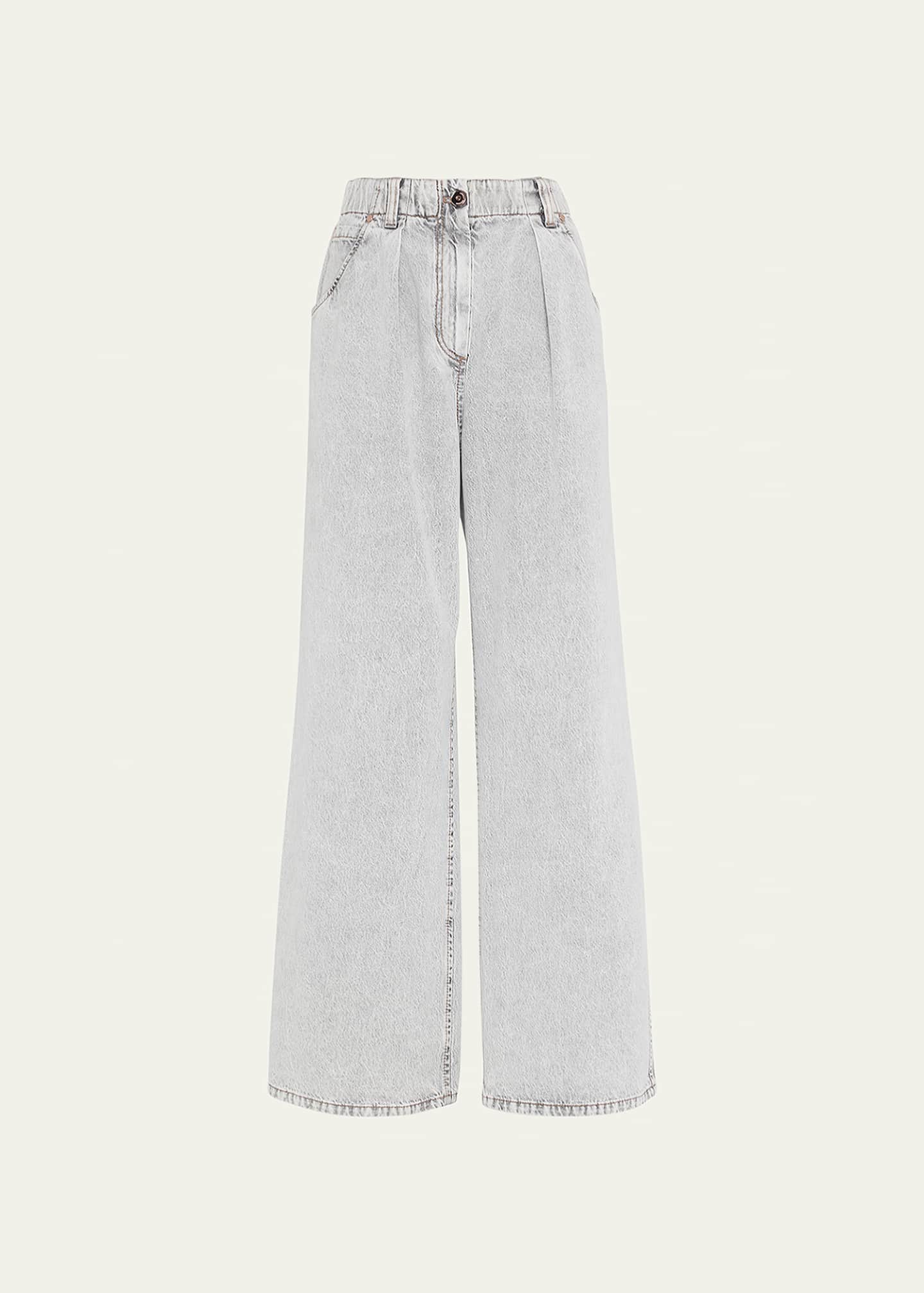 Brunello Cucinelli StoneWashed Pleated WideLeg ElasticWaist Jeans