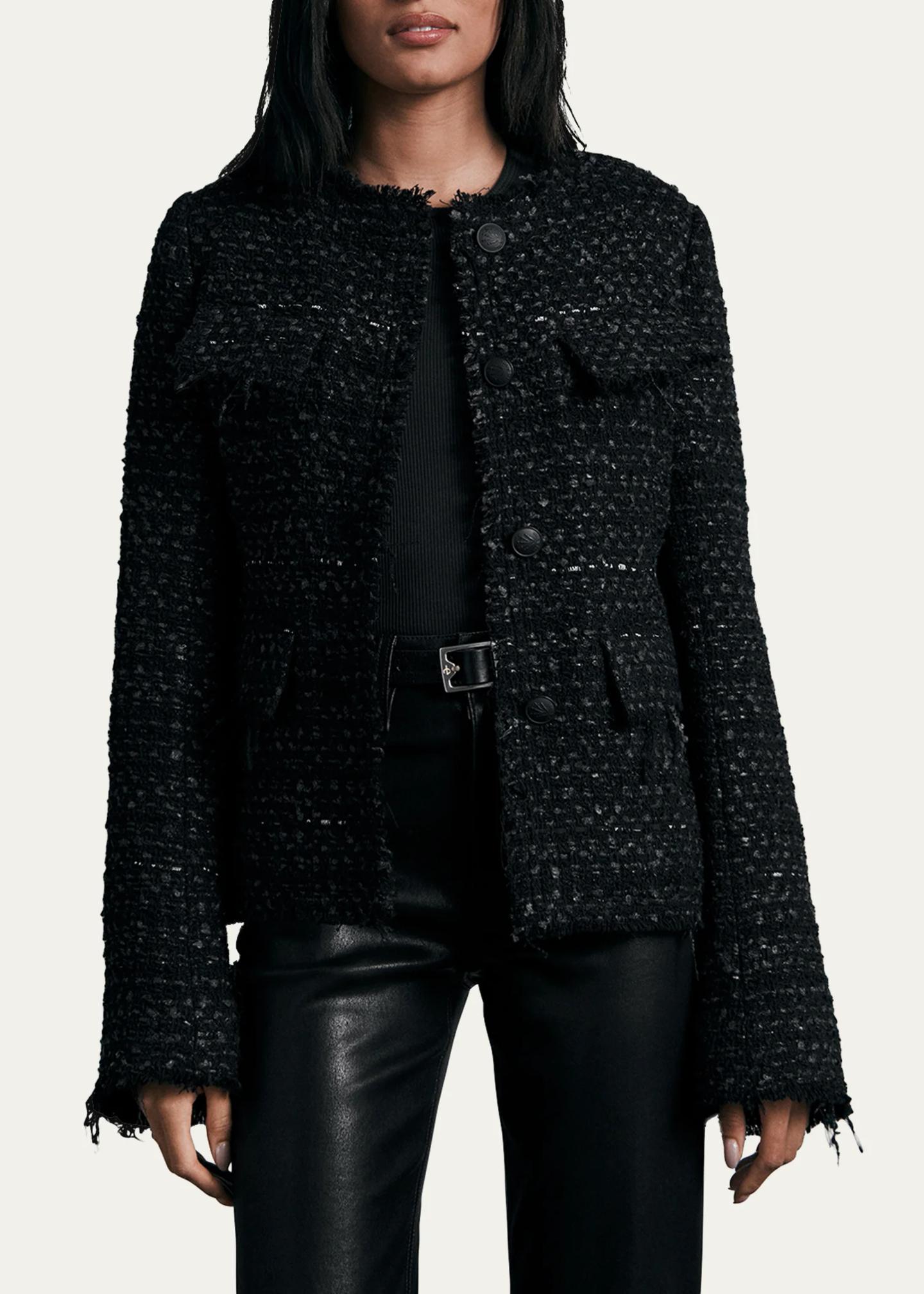 Veste En Tweed Rag & Bone New York - Taille Small, Bordure En Cuir, Comme Neuve Sans étiquettes.